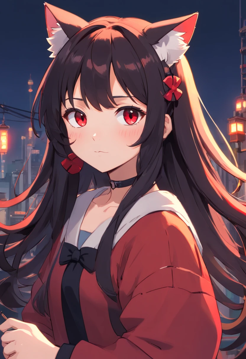 ,((long hair slightly wavy slightly past the shoulders, black bangs, small black pigtails on the sides, cute cat ears, beautiful thin red eyes,)), (realista de Minecraft)