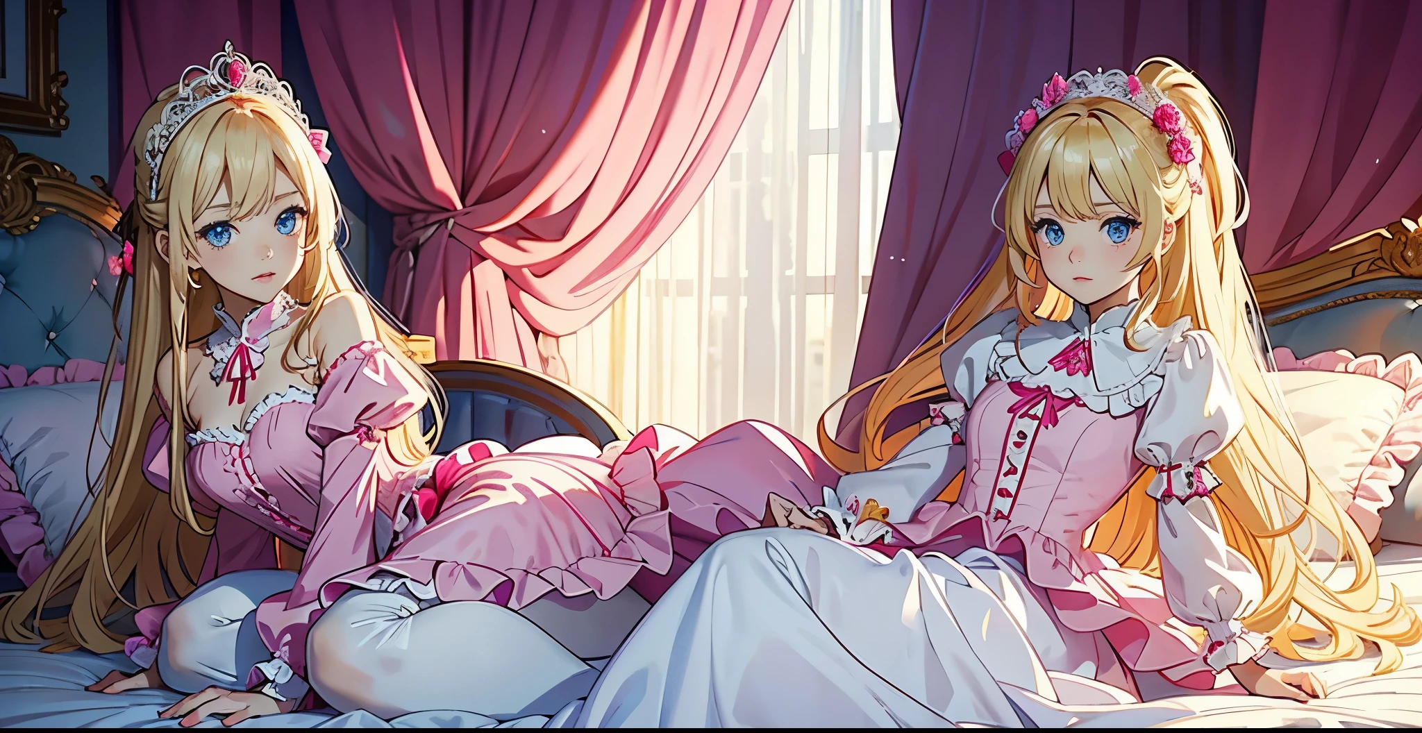 It is important to note that this is a contemporary anime illustration style.10-year-old princess、ta style hot pink dress with white ruffled yoke collar and full length ball gown dress with hoop skirt、Long sleeves with puff sleeves、Soft and smooth fabric、long blonde hair that grows to the waist、blue eyes、white skin、Sit on a luxurious canopy bed in pink silk satin、Inside the palace bedroom,Modern Animation Contemporary Animated Illustration Contemporary cartoon illustration style is important to note that it is in the style of a modern cartoon illustration!