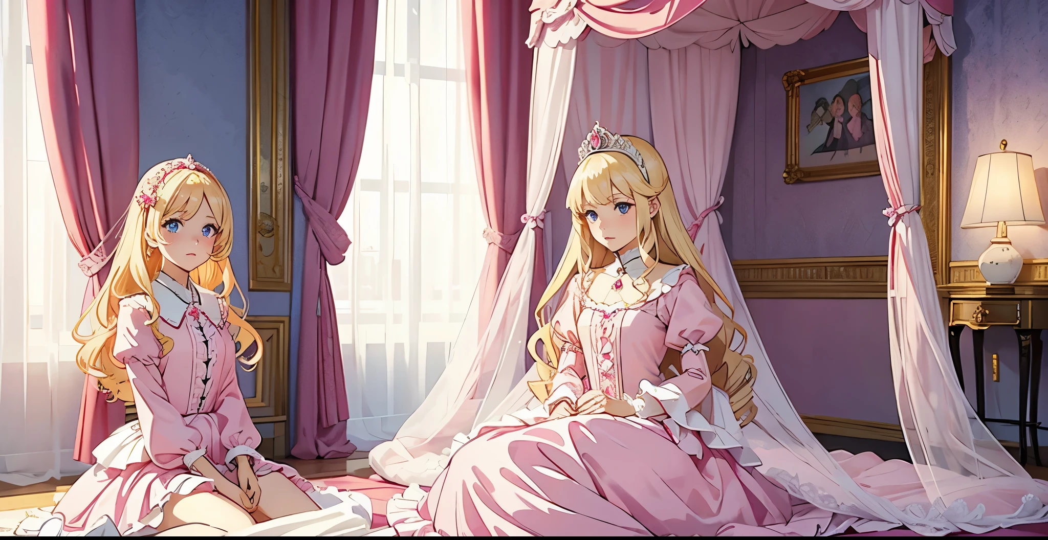 It is important to note that this is a contemporary anime illustration style.-yeld press、Lolita style hot pink dress with white ruffled yoke collar and full length ball gown dress with hoop skirt、Long sleeves with puff sleeves、Soft and smooth fabric、long blonde hair that grows to the waist、blue eyes、white skin、Sit on a luxurious canopy bed in pink silk satin、Inside the palace bedroom,Modern Animation Contemporary Animated Illustration Contemporary cartoon illustration style is important to note that it is in the style of a modern cartoon illustration!