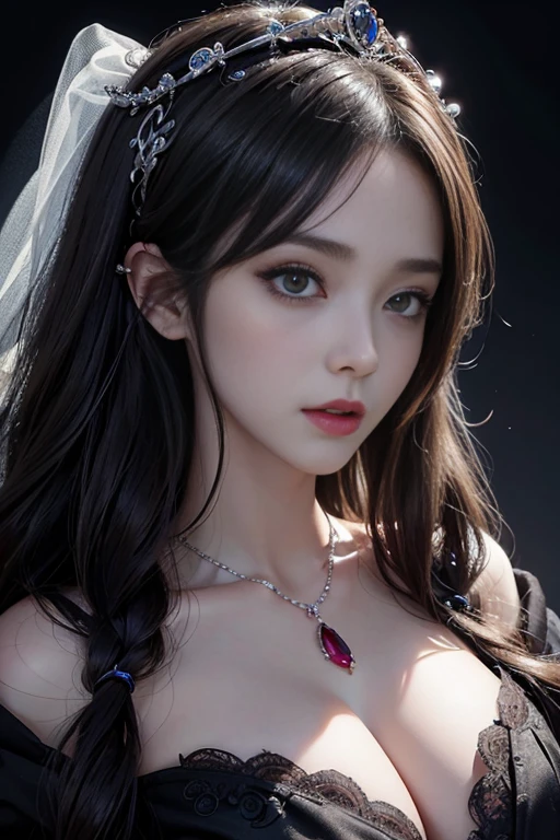 highest quality、masterpiece、8K、Award-winning work、hyper realism、Vampire Princess、恐ろしいVampire Princess、Natural forehead、Spooky、white skin、evil makeup、close up of face、close-up photo of face、Photographing faces with beautiful composition、the most detailed and beautiful face、a merciless look、look at me、long eyelashes、Spookyメイク1.1、black lips、eye shadow、艶のあるblack lips、Finest super high detail skin、The most detailed eyes、(The most luxurious and highest quality giant tiara、The most luxurious and highest quality giant necklace、The most luxurious giant ruby、The most luxurious jewelry decoration、black most luxurious finest princess dress)、cleavage、Pitch black background 1.2、dim、Beautiful long wavy hair、(Medium chest 1.1)、
