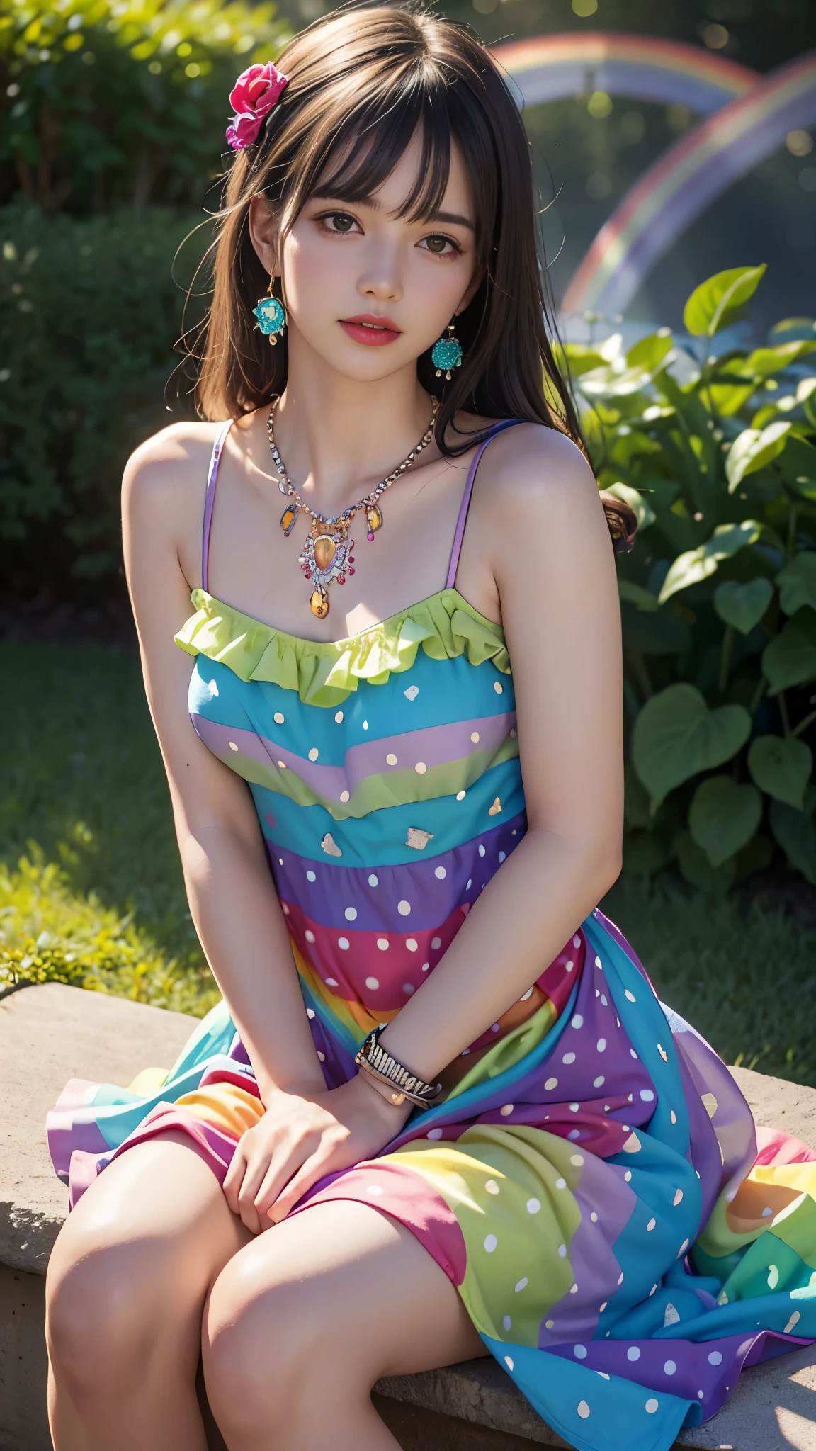 best quality, masterpiece, 1girl, (polka dot dress), (rainbow dress:1.5), hair ornament, necklace, (jewellery:1.8), Beautiful face, small breasts, tyndall effect, photorealistic, rim lighting, two tone lighting, (high detailed skin:1.2), dslr, (spreading light:1.5) soft lighting, high quality, volumetric lighting, candid, in the garden, Photograph, high resolution, 4k, 8k, Bokeh, sitting,