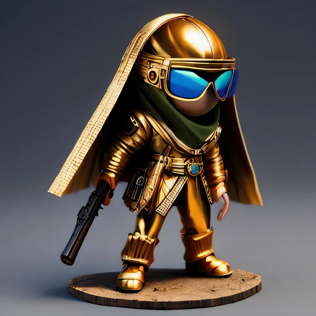 Brilliant Gold Diamond Maya Star，Copper weapons, Burlap Cape Mummy Hood Platinum Silk Cyberpunk Light Crossbow Space Station 1:60 miniatures, illustration, side view, (side view), Wear gold-rimmed reflective sunglasses, Carrying future weapons, very happy, side view, whole body, 3d, (Wood material) octane rendering, perfect appearance, collagen（（（Isometric art）））