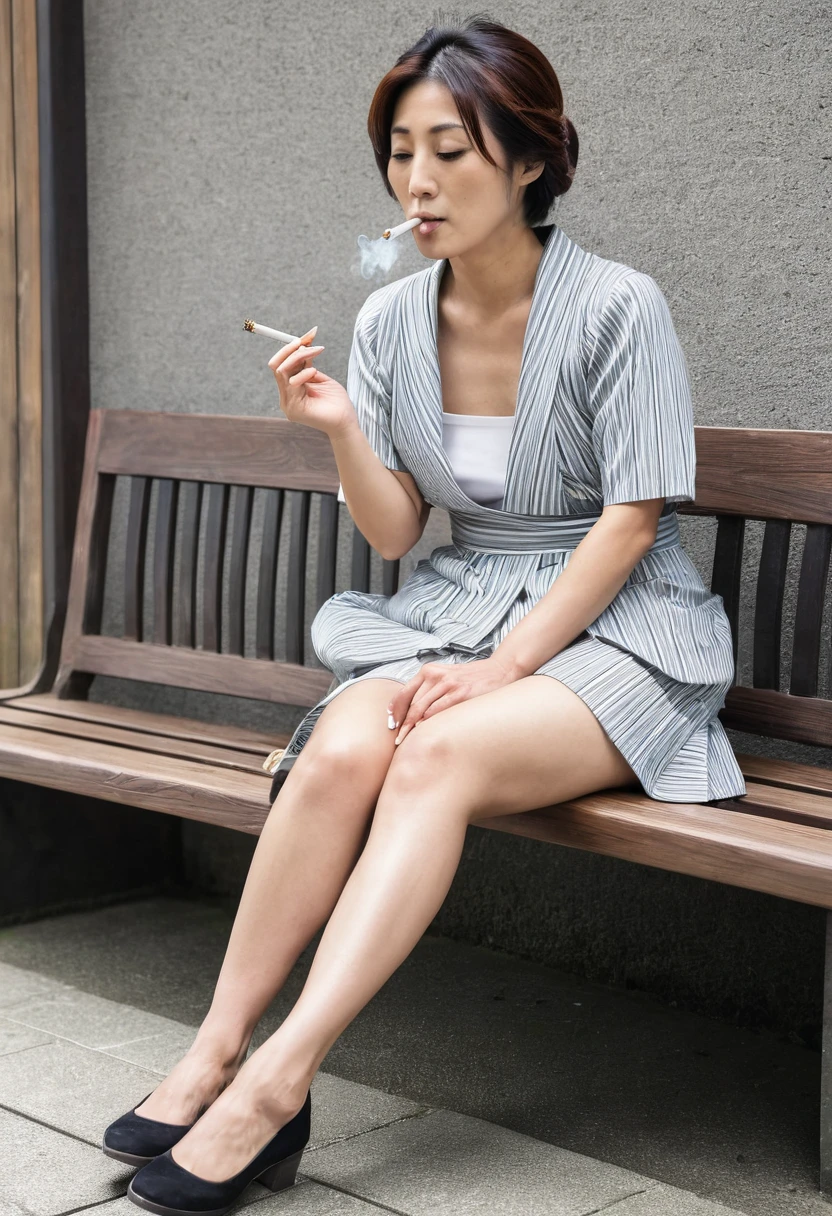 A Japanese woman in her 30s sitting on a bench with her legs spread and smoking a cigarette,OL