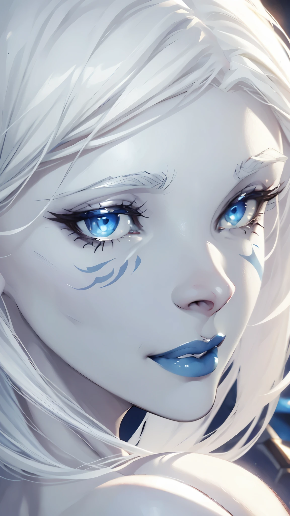 jarael, pale white skin, white hair, ((blue lips)), facial tattoos, medium breasts, naked, cute, close up on face, beautiful eyes, loving smile