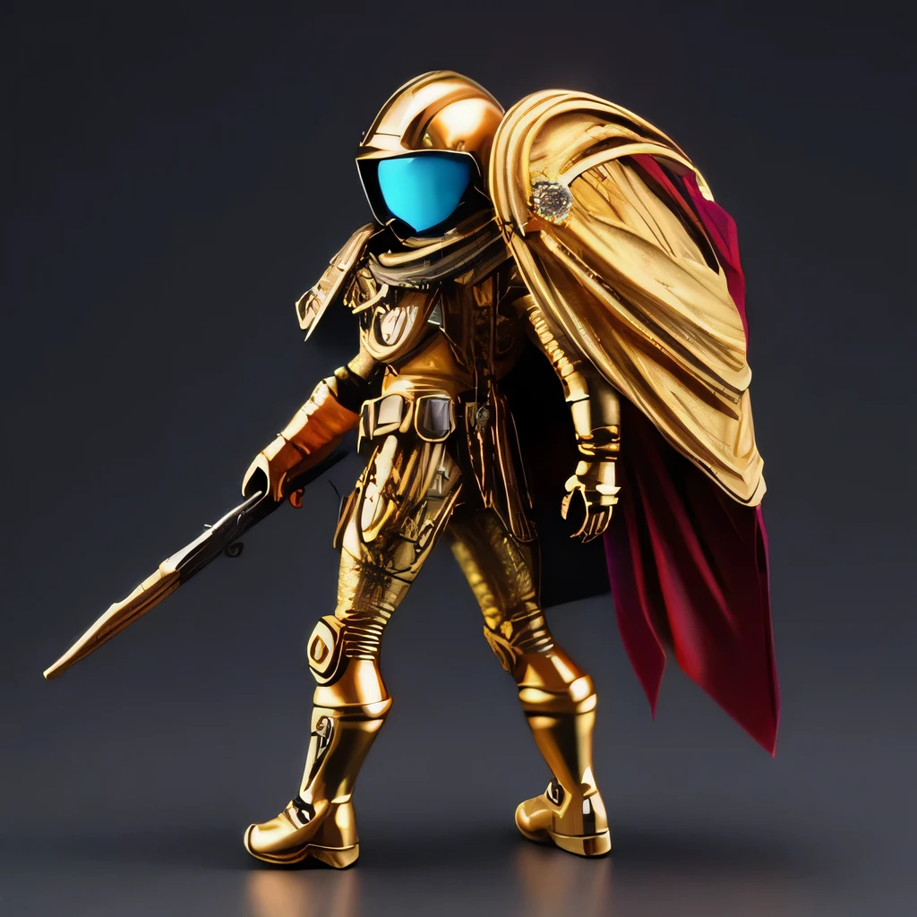 Brilliant Gold Diamond Maya Star，Copper weapons, Burlap Cape Mummy Hood Platinum Silk Cyberpunk Light Crossbow Space Station 1:60 miniatures, illustration, side view, (side view), Wear gold-rimmed reflective sunglasses, Carrying future weapons, very happy, side view, whole body, 3d, (Wood material) octane rendering, perfect appearance, collagen（（（Isometric art）））