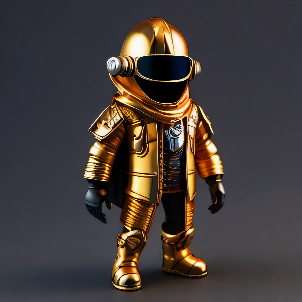 Brilliant Gold Diamond Maya Star，Copper weapons, Burlap Cape Mummy Hood Platinum Silk Cyberpunk Light Crossbow Space Station 1:60 miniatures, illustration, side view, (side view), Wear gold-rimmed reflective sunglasses, Carrying future weapons, very happy, side view, whole body, 3d, (Wood material) octane rendering, perfect appearance, collagen（（（Isometric art）））