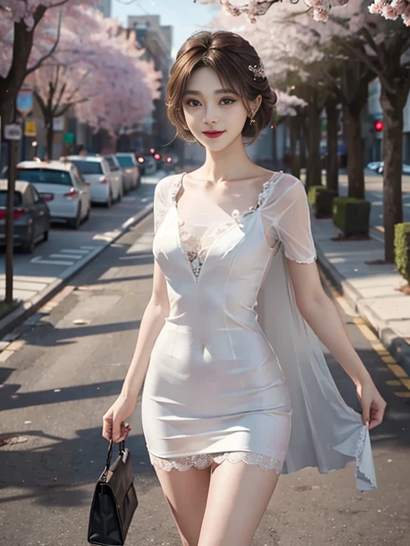 8 thousand, masterpiece, RAW photos, best quality, realistic, extremely detailed CG unity 8 thousand wallpaper, depth of field, cinematic light, lens flare, ray tracing, (an exceptionally beautiful face, beautiful lips, beautiful eyes), A face with intricate details, ((highly detailed skin)) 1 woman, in the dark, deep shadows, pretty asian girl, 1 girl, (very slim slender fit-muscled body:1.3), ((looking at viewer)),(big smile:1.3), clear eyes, walking , Frontal shots, (pale skin), (big eyes), heading forward, (brown hair), ((lace dress)), (looking at viewer:1.3) very slim, medium chest, tight dress, (Ultra Mini Dress), short skirt, (afternoon), glimmering, cherry blossom background, street, building, tree, (high heel), full body shot, (open chest), short sleeve, Short hair, see through