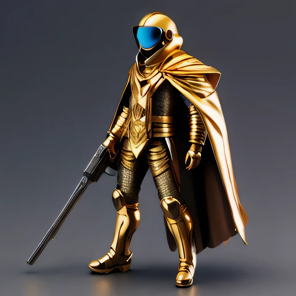 Brilliant Gold Diamond Maya Star，Copper weapons, Burlap Cape Mummy Hood Platinum Silk Cyberpunk Light Crossbow Space Station 1:60 miniatures, illustration, side view, (side view), Wear gold-rimmed reflective sunglasses, Carrying future weapons, very happy, side view, whole body, 3d, (Wood material) octane rendering, perfect appearance, collagen（（（Isometric art）））