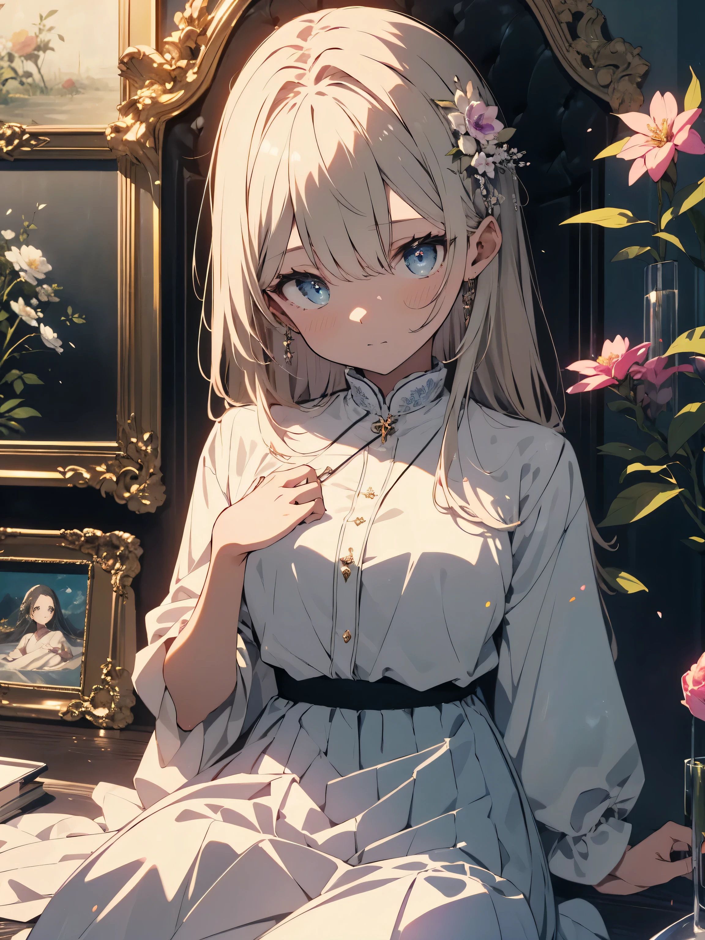 (highest quality、masterpiece、High resolution、detailed)、(Shining eyes、detailed beautiful face)、pity、((beautiful venus:1.9、woman))、(White flared skirt dress)、intricate skirt、Fantastic beautiful background:1.7、painting、Vines are wrapped around the edge of the painting、Beautiful flowers are blooming around the painting.
