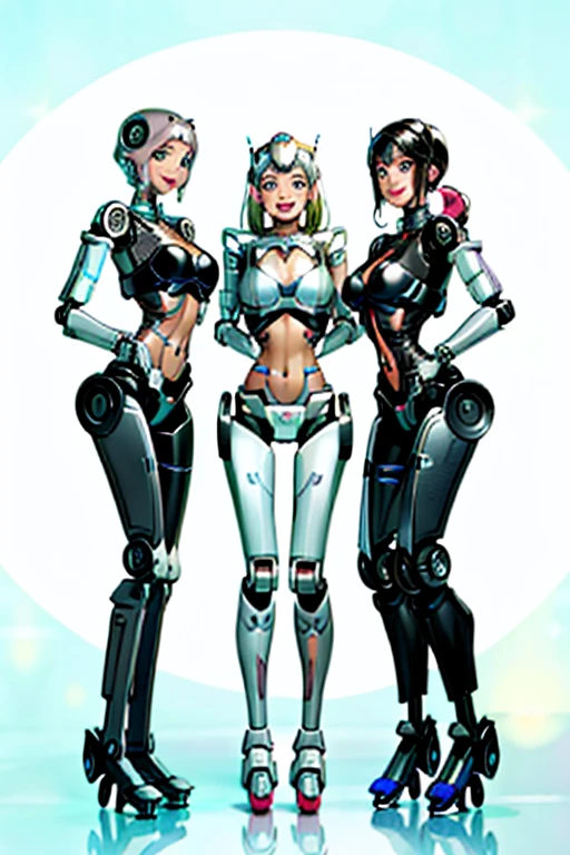 High resolution, detailed background, highest quality, Beautiful and dense face, beautiful and smooth skin, skin texture, ((Three beautiful female robots in their twenties:1.5)), All of them have their internal skeletons exposed., Everyone except their faces are machines., full body shot, cute hairstyle, huge breasts, smile, They are all touching each other's bodies because they just had their maintenance done., Everyone is proud of their body, All have floral and pastel colored internal skeletons, From the ankles down, the feet are roller skates, The bright colors and patterns on the internal structure create a cute and glamorous look., (braided ponytail、Cute hair cot#39;I'm excited to go outside with my new body..、Looking at each other's bodies、laughter、smile、smile)