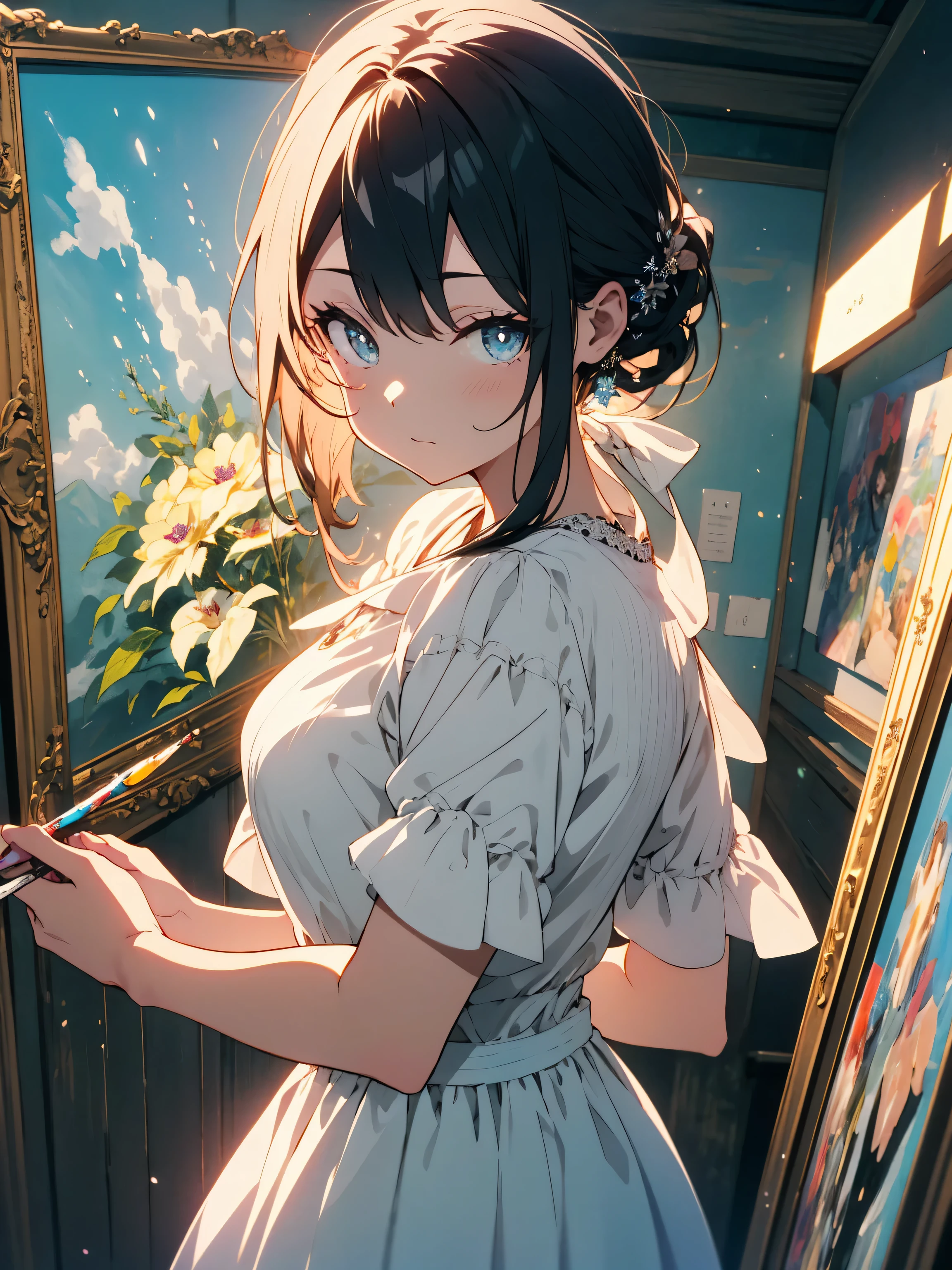 (highest quality、masterpiece、High resolution、detailed)、(Shining eyes、detailed beautiful face)､pity、((beautiful venus:1.9、woman))、(White flared skirt dress)、intricate skirt、Fantastic beautiful background:1.7、painting、Vines are wrapped around the edge of the painting、Beautiful flowers are blooming around the painting.