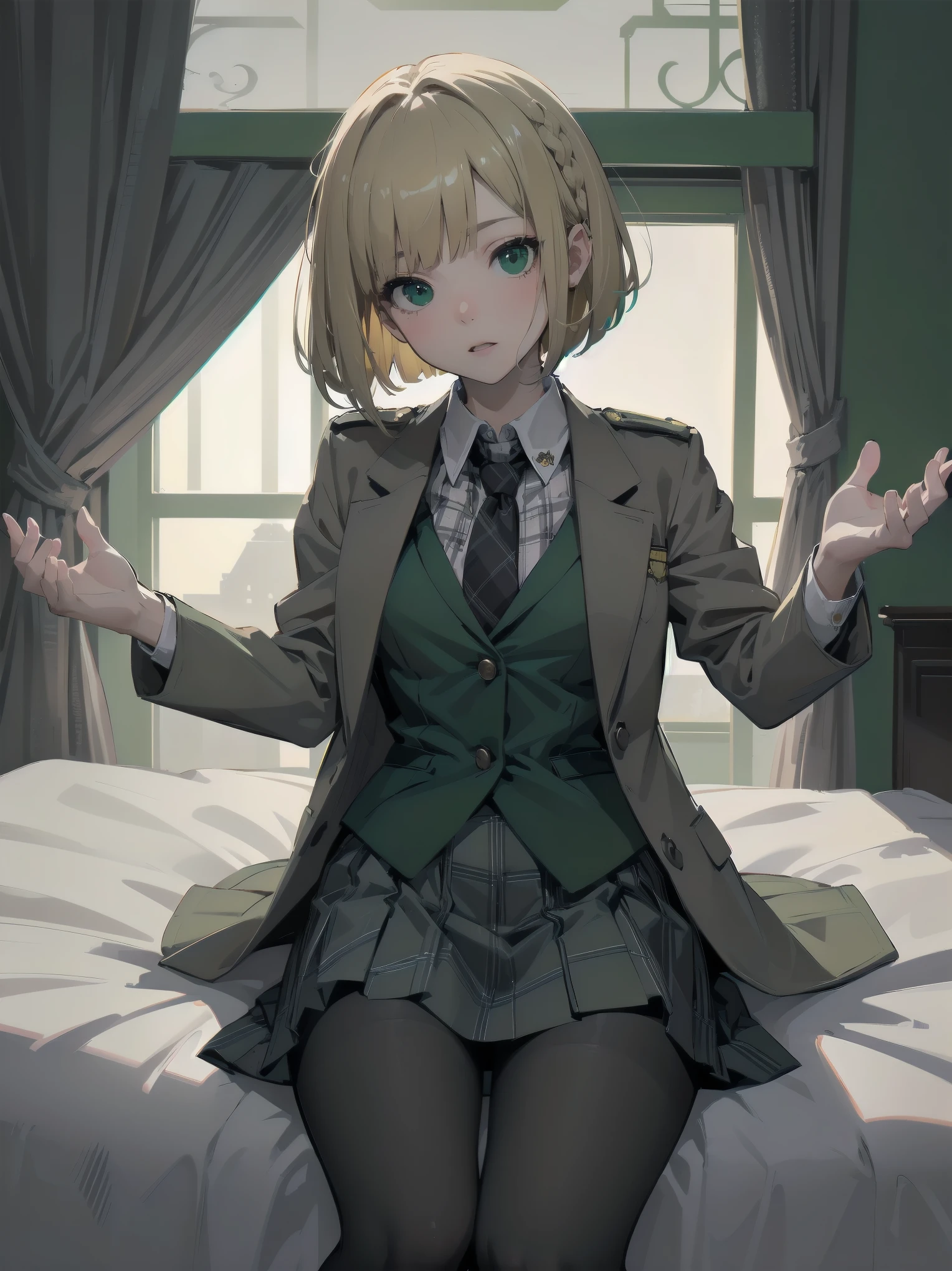 Top-High quality、Highest image quality、masterpiece、high contrast、Vulgarity、erotic expression、high school girl、on the bed、blonde、Bob cut braids、uniform、(brown blazer)、ribbon tie、(Green and gray plaid skirt)、(black tights)、cinematic lighting、fine shading、cute、Truly unbelievably cute absurd