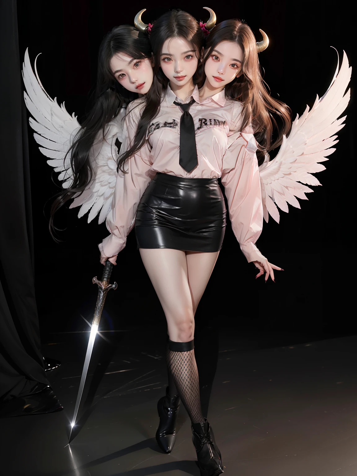 (3heads:1.5), 1girl, (solo), korean age girls, long straight hair, kpop, pale skin, fishnets, short white skirt, (pink long sleeve shirt), very long black hair, red iris, tired eyes, bangs, horns, small smile, black lipstick, black nails, high heel shoelack angel wings:1.1), dynamic pose, holding a sword, full body, absurdres, masterpiece, photograph, dynamic angle, beautiful girl, beautiful face, detailed, walking, (petite body:1.2)