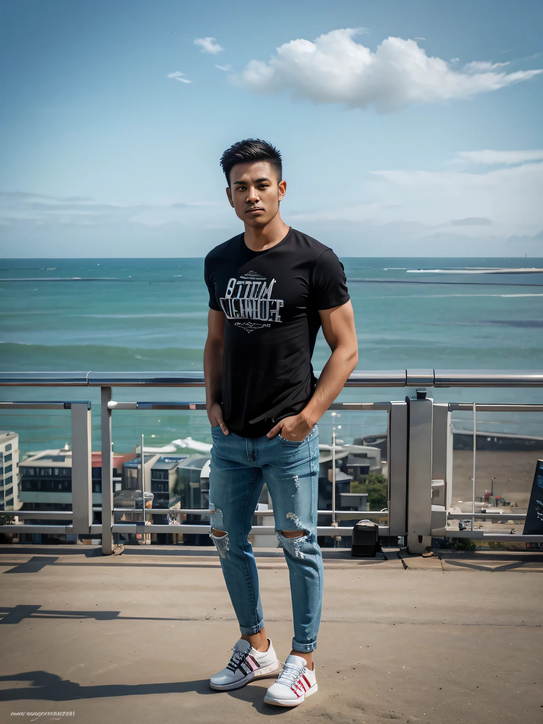 photo shoot of handsome and stunning man from Indonesia, two block short hair, blonde, black t-shirt, ripped jeans, Adidas shoes, cool standing pose, looking at the camera, location Hitachi Seaside Park, Japan, detailed, realistic