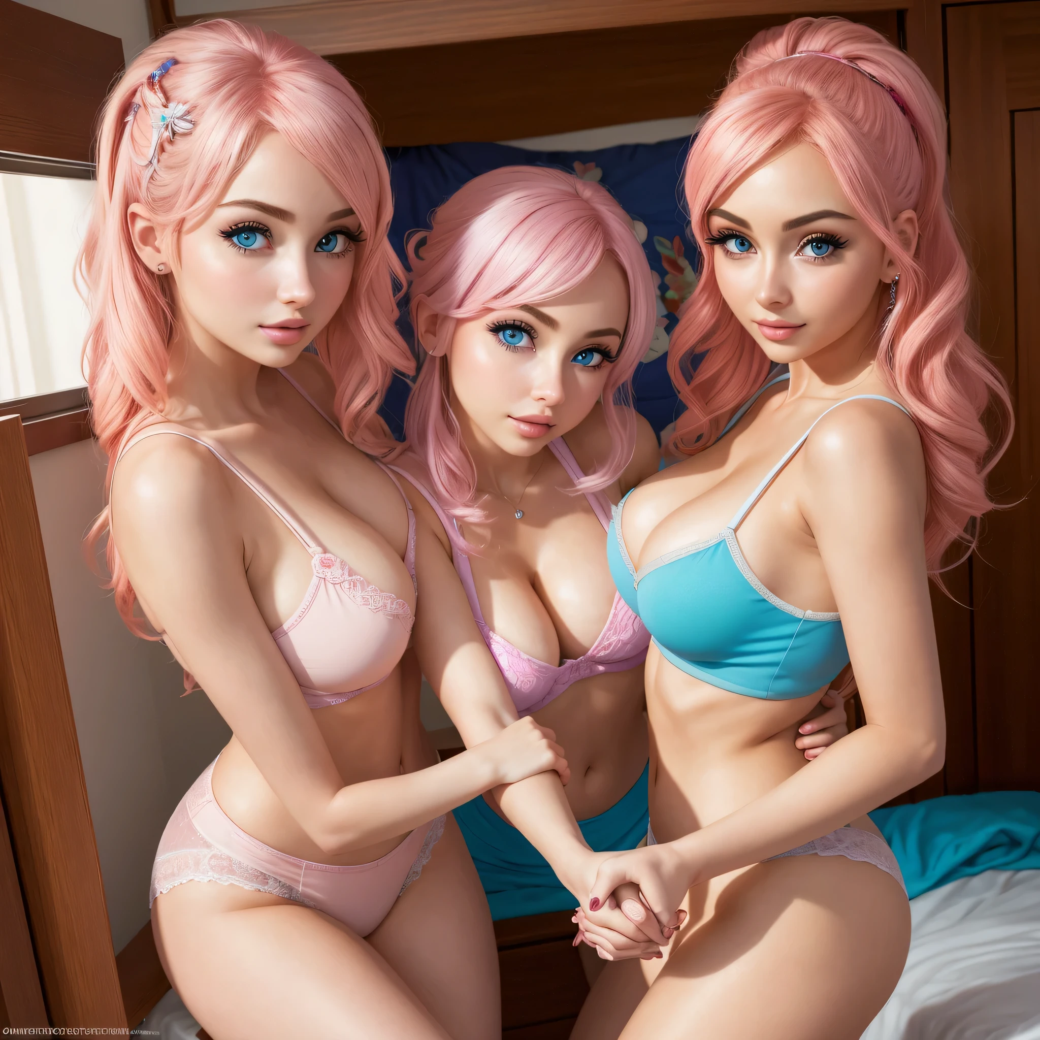 (photorealistic, detailed perfect eyes, 8k, masterpiece) two girls in dorm room, tank top, looking at viewer, holding hands, cleavage, small breasts, pink hair, sophie mudd, jessica nigri