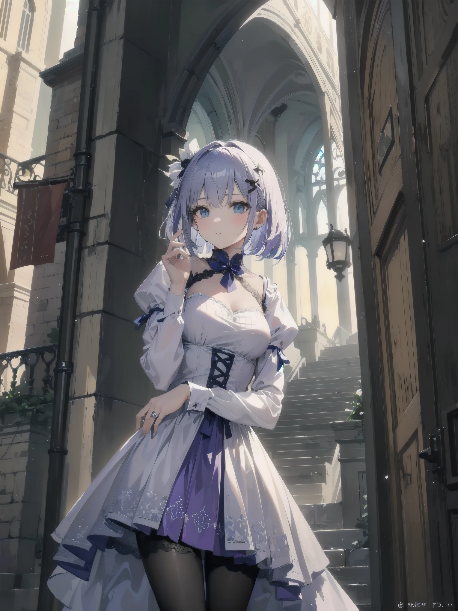 bride: wedding ring shining on ring finger Fusion of medieval European fashion Emphasis on elements of cuteness and adoration Posed illustration of the overwhelming cuteness of the character in the foreground Overwhelming architectural and cityscape background Ultra-detailed, rich, contemporary interpretation of medieval Europe and fantasy world Realistic textures, Professional artistic shading and light sources, scene-like cinematography and effects, depth of subject One beautiful girl, super cute, bob cut, side ponytail, perfect anatomy
Colours: pastel, white, pale purple, blue, gingham check
Materials: chiffon, lace, satin, velvet, etc. Silhouette: fluffy skirt, A-line, long length
Decoration: frills, ribbons, lace, pearls, embroidery etc. Coordinates Romantic princess: pastel dress, lace blouse, fluffy skirt, ribbon hair accessory, black tights Add accessories and accessories to personalise.