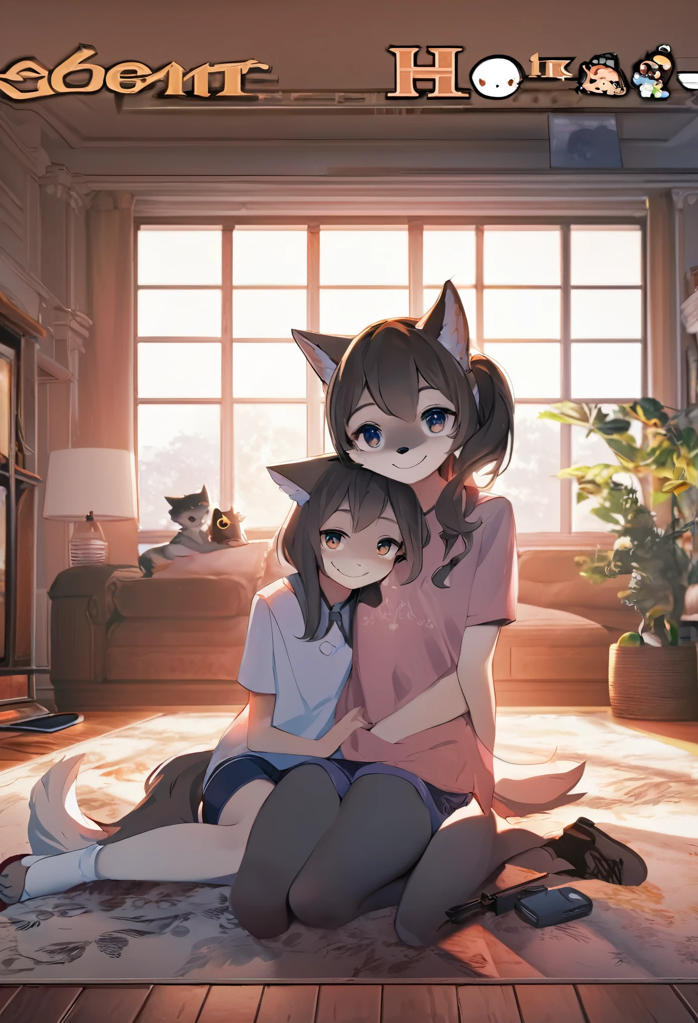 cover page, anime key visual, highres, top quality, best quality, paid reward available, High-quality illustrations, unparalleled masterpiece, perfect artwork, absurdres(home video, 1girl, husband of wolf)family, in house, in room, smile, happy, perfect anatomy, fan-created work shared on platforms Pixiv or Twitter, cinematic lighting,