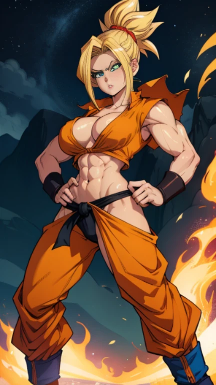 goku dragon ball z, Woman, sexy pose, Full body, beautiful face, sexy face, blonder hair, super Sayajin, green eyes, perfect body, fit body, abs, big breasts, muscular, black and red armor,