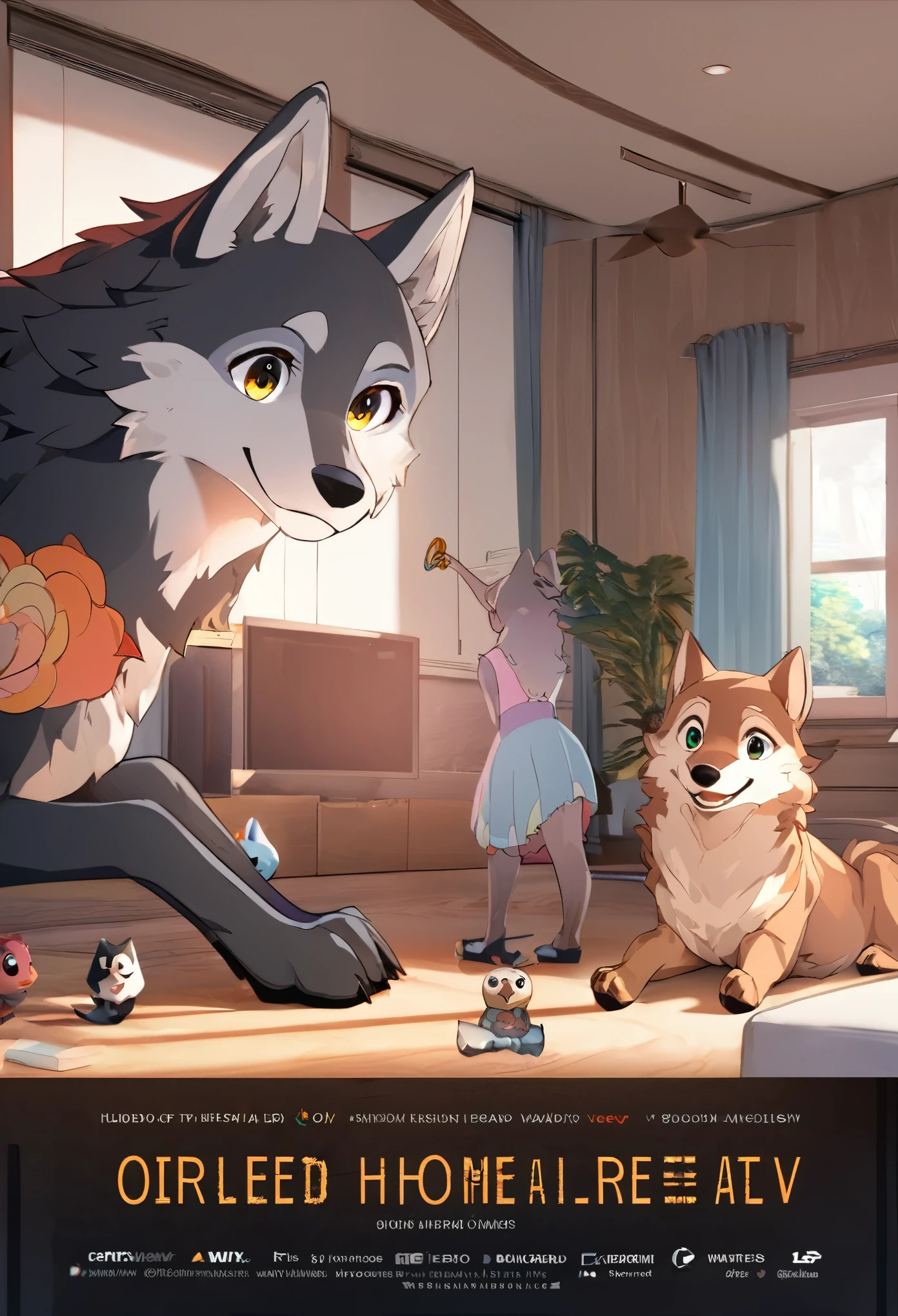 cover page, anime key visual, highres, top quality, best quality, paid reward available, High-quality illustrations, unparalleled masterpiece, perfect artwork, absurdres(home video, 1girl, husband of wolf)family, in house, in room, smile, happy, perfect anatomy, fan-created work shared on platforms Pixiv or Twitter, cinematic lighting,