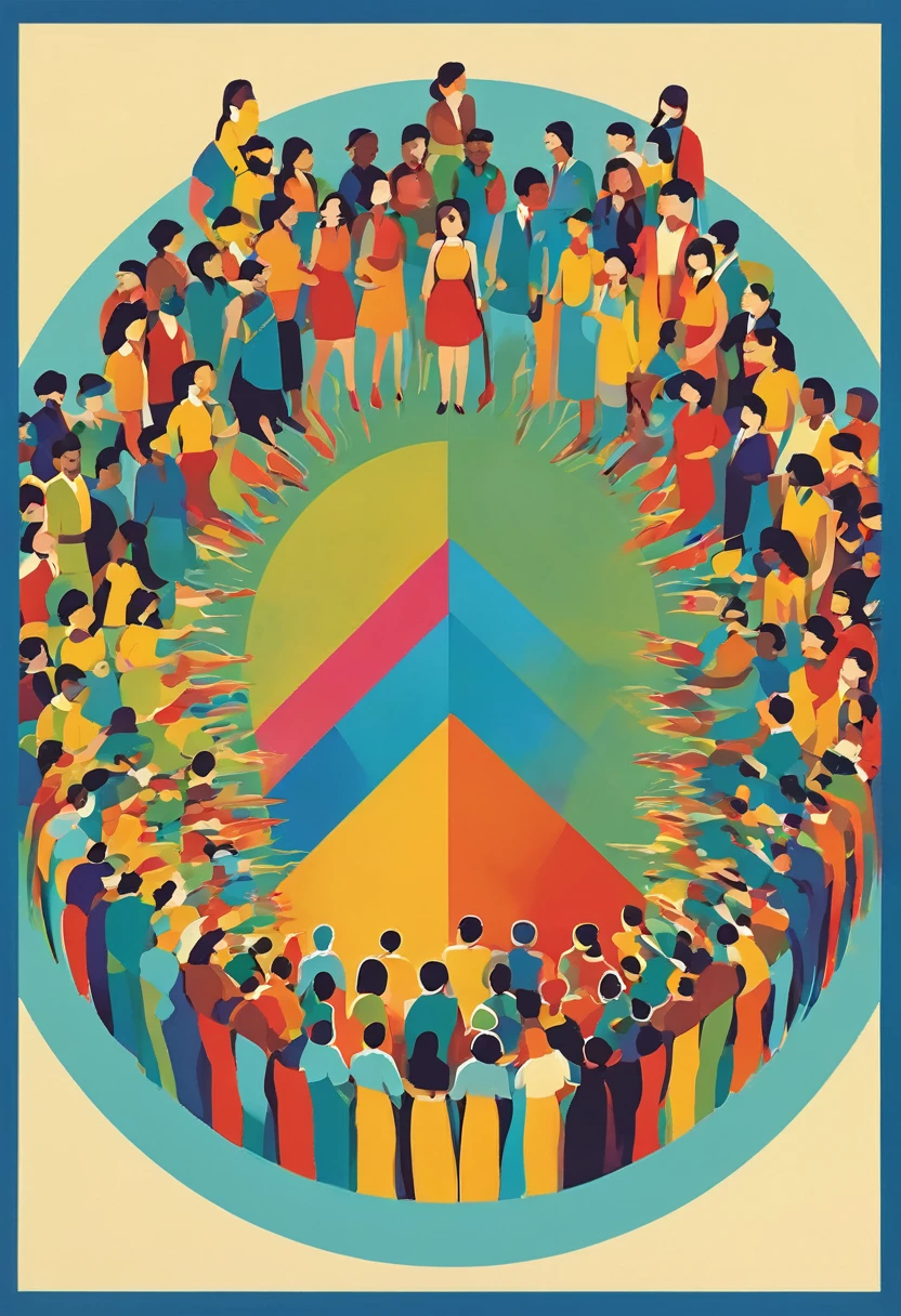 Image: The poster features a vibrant and diverse crowd of people gathered together, holding hands in a circle. In the center of the circle is a stylized image of a scale, symbolizing equality, with one side slightly higher than the other to represent balance. Above the crowd, the word "Democracy" is written in bold, uppercase letters, radiating a sense of inclusivity and collective decision-making. Below the crowd, the word "Equality" is written in a similar style, conveying the importance of fairness and justice for all individuals