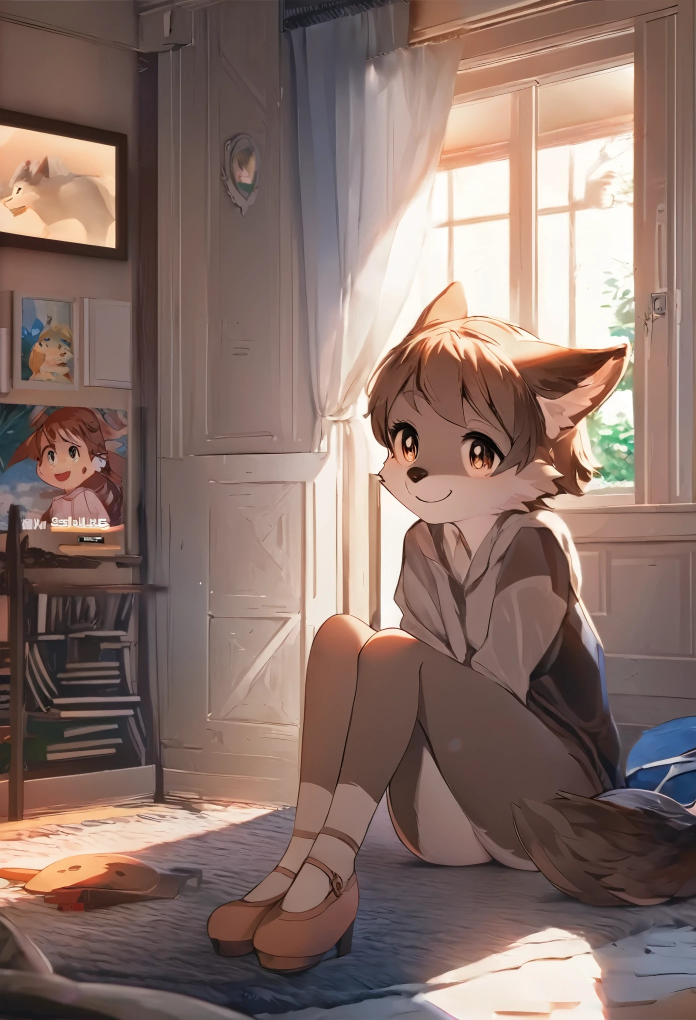 cover page, anime key visual, highres, top quality, best quality, paid reward available, High-quality illustrations, unparalleled masterpiece, perfect artwork, absurdres(home video, 1girl, husband of wolf)family, in house, in room, smile, happy, perfect anatomy, fan-created work shared on platforms Pixiv or Twitter, cinematic lighting,