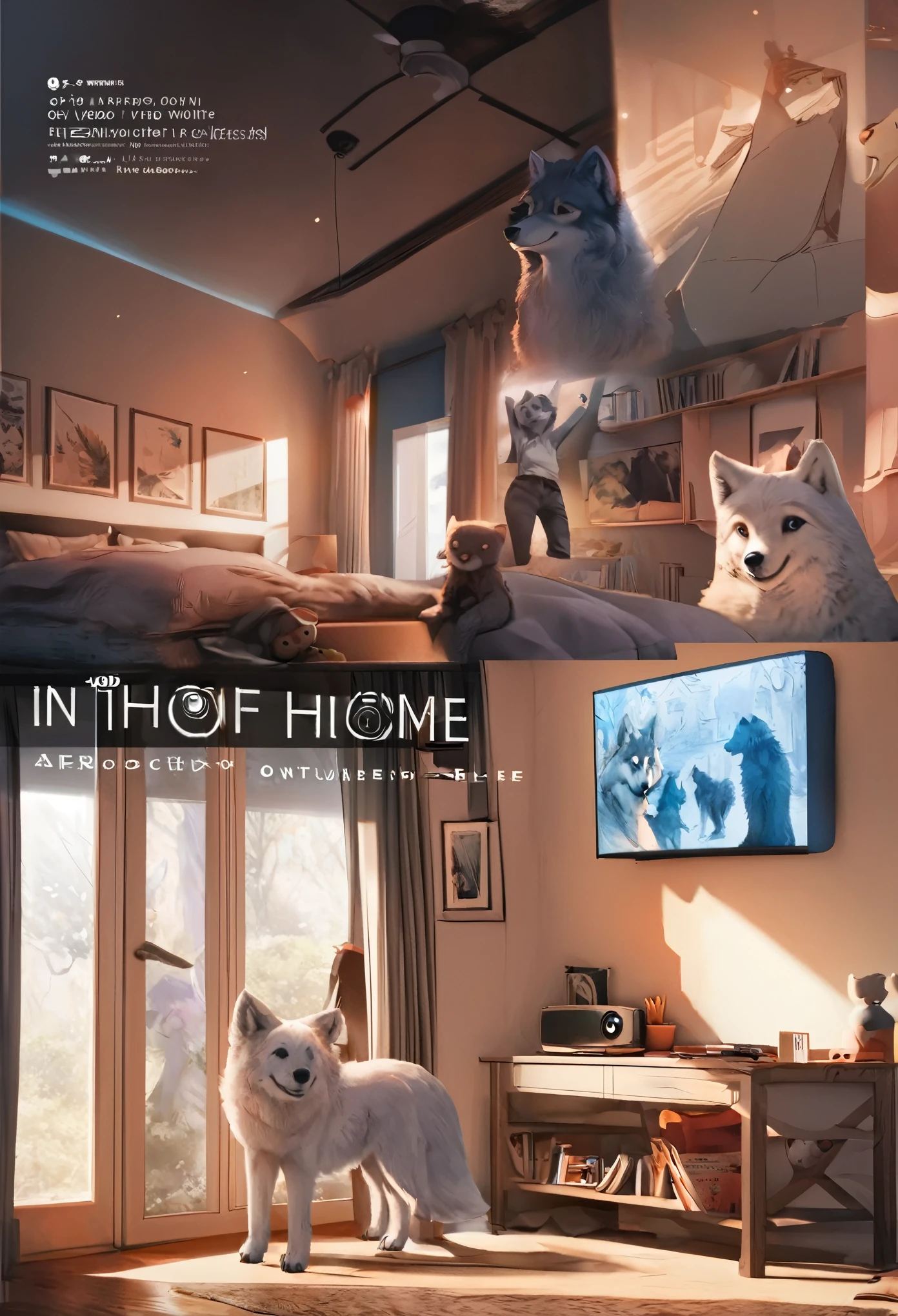 cover page, anime key visual, highres, top quality, best quality, paid reward available, High-quality illustrations, unparalleled masterpiece, perfect artwork, absurdres(home video, 1girl, husband of wolf)family, in house, in room, smile, happy, perfect anatomy, fan-created work shared on platforms Pixiv or Twitter, cinematic lighting,