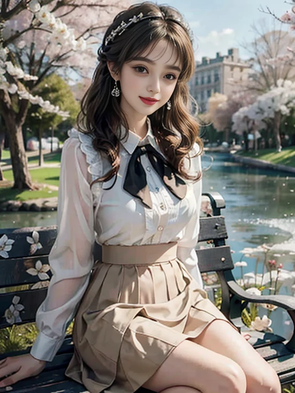 ((whole body)), ((from below)), ((sitting on a park bench)), ((realistic)), 1 girl, looking at viewer, detailed scene, Curly hair, air bang, beautiful hair accessories, brownish yellow hair, ((white colored blouse, short black tight skirt, neck bow tie, high heel)), (Campus Style), warm lighting, warm color palette, More details, very detailed, (masterpiece, best quality), (Very detailed and beautiful work), delicate earrings, delicate necklace, simple blurred background, extreme detail description, Ultra-fine painting, delicate face, slim body, (smile, tooth exposure), (??????? correct), tight dress, cherry blossom road with river