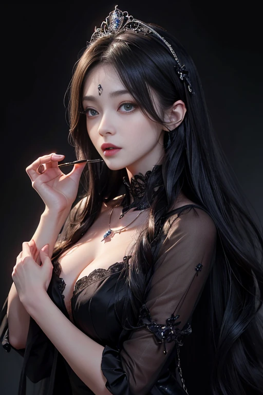 highest quality、masterpiece、8K、Award-winning work、hyper realism、Vampire Princess、恐ろしいVampire Princess、Natural forehead、Spooky、white skin、evil makeup、close up of face、close-up photo of face、Photographing faces with beautiful composition、the most detailed and beautiful face、a merciless look、look at me、long eyelashes、Spookyなメイク、black lips、eye shadow、艶のあるblack lips、Finest super high detail skin、The most detailed eyes、(The most luxurious and highest quality giant tiara、The most luxurious and highest quality giant necklace、The most luxurious giant ruby、The most luxurious jewelry decoration、black most luxurious finest princess dress)、cleavage、pitch black background、dark、Beautiful long wavy hair、small breasts、full body photo