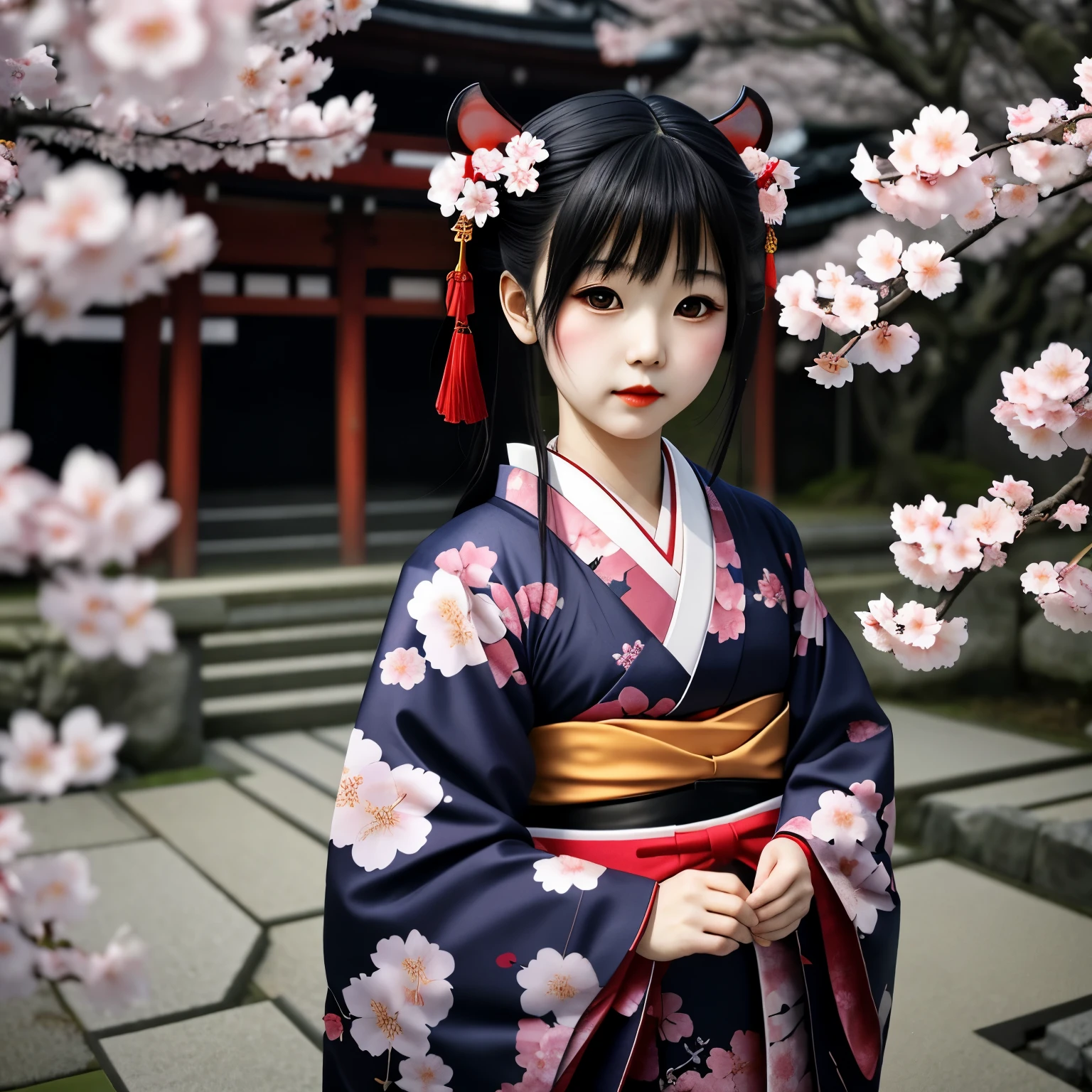 Doll, Japan, Wear a kimono, hand holding devil mask, small cherry blossoms, ghostly, Illusion, Japanese girl