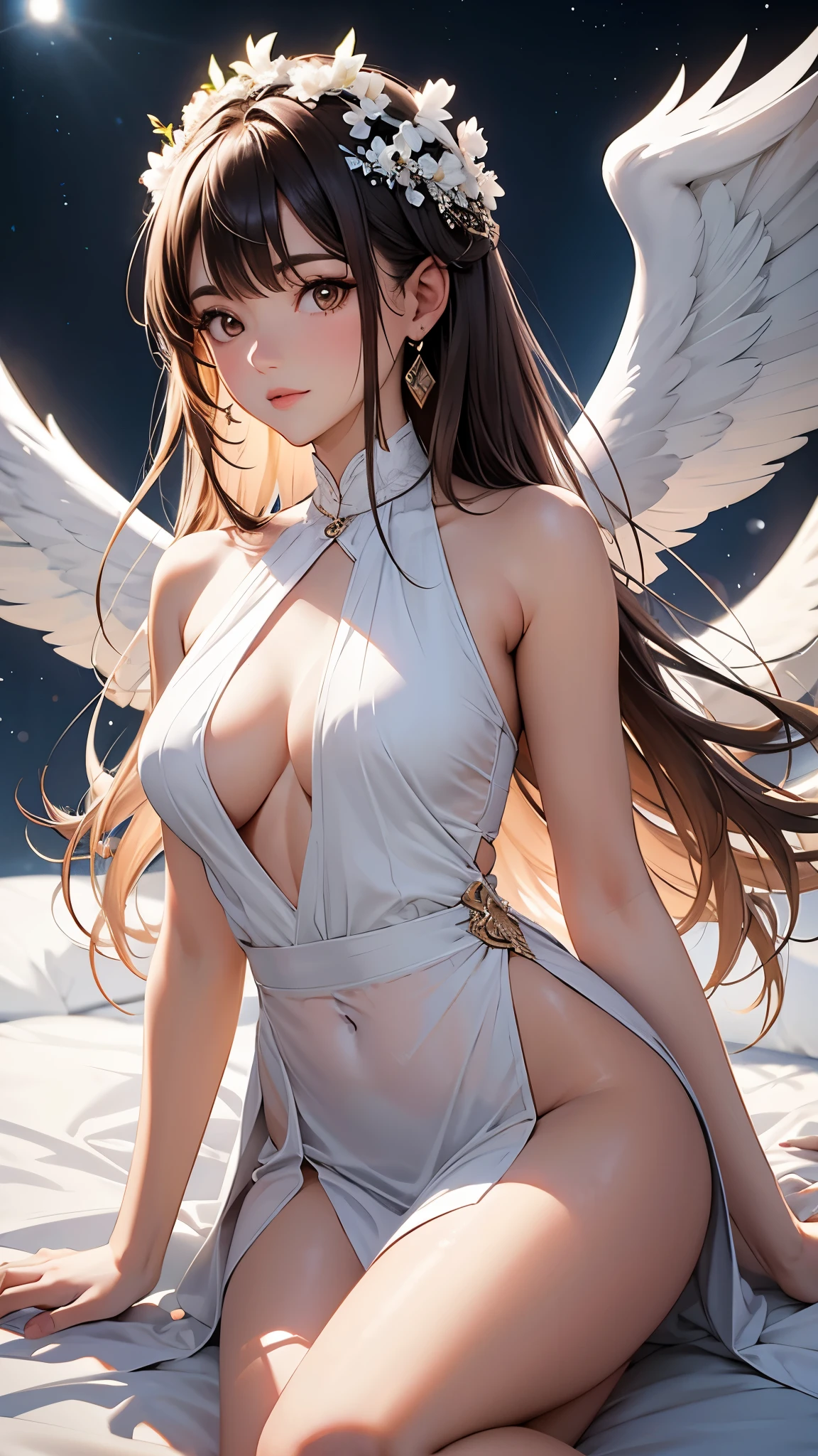 Female angel type latina girl with brown eyes and long hair wearing white transparent dress, beautiful big wings lying on a bed daring photo shoot at night top quality masterpiece 8k