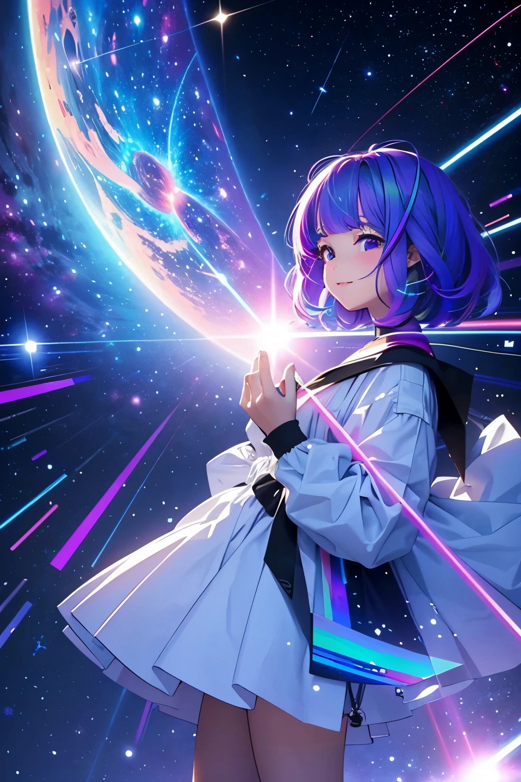 16 years old、girl、laugh fearlessly、Rainbow Hair、White clothes、Big Bang Girl,The edge of the universe can be seen on the lining、dark matter、energy、Retro and psychedelic、Create miracles with a single photon、From Blink to Quasar、It's too bright to keep looking、The Super Burst is what draws you in