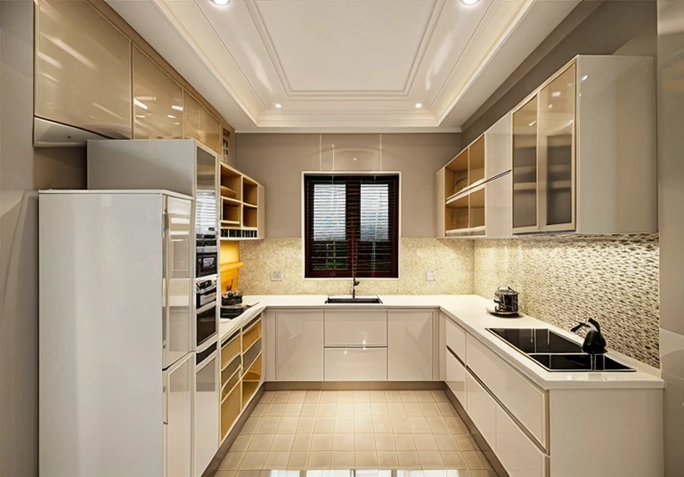 best quality, masterpiece, Interior design, cream tone, kitchen, 3000k