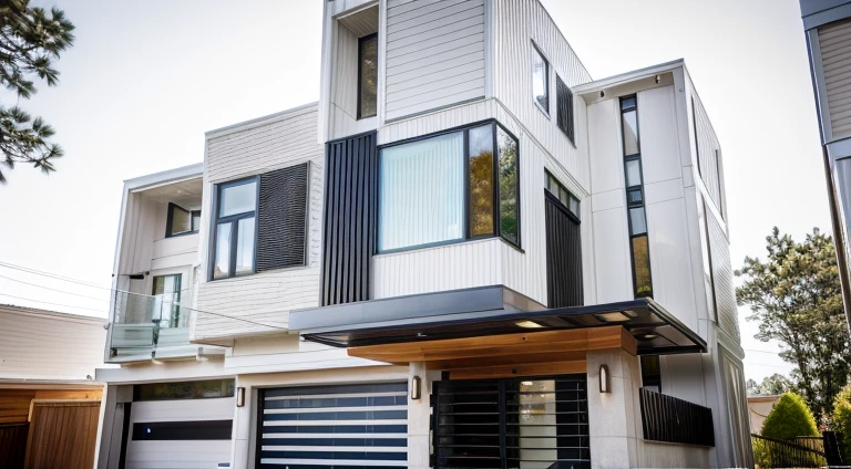 house exterior contemporary style, modernism, glass doors and windows,black metal rail, conwood ceilling, masterpiece, highquality, realistic photo, canon eos 5D mark, natural light, 