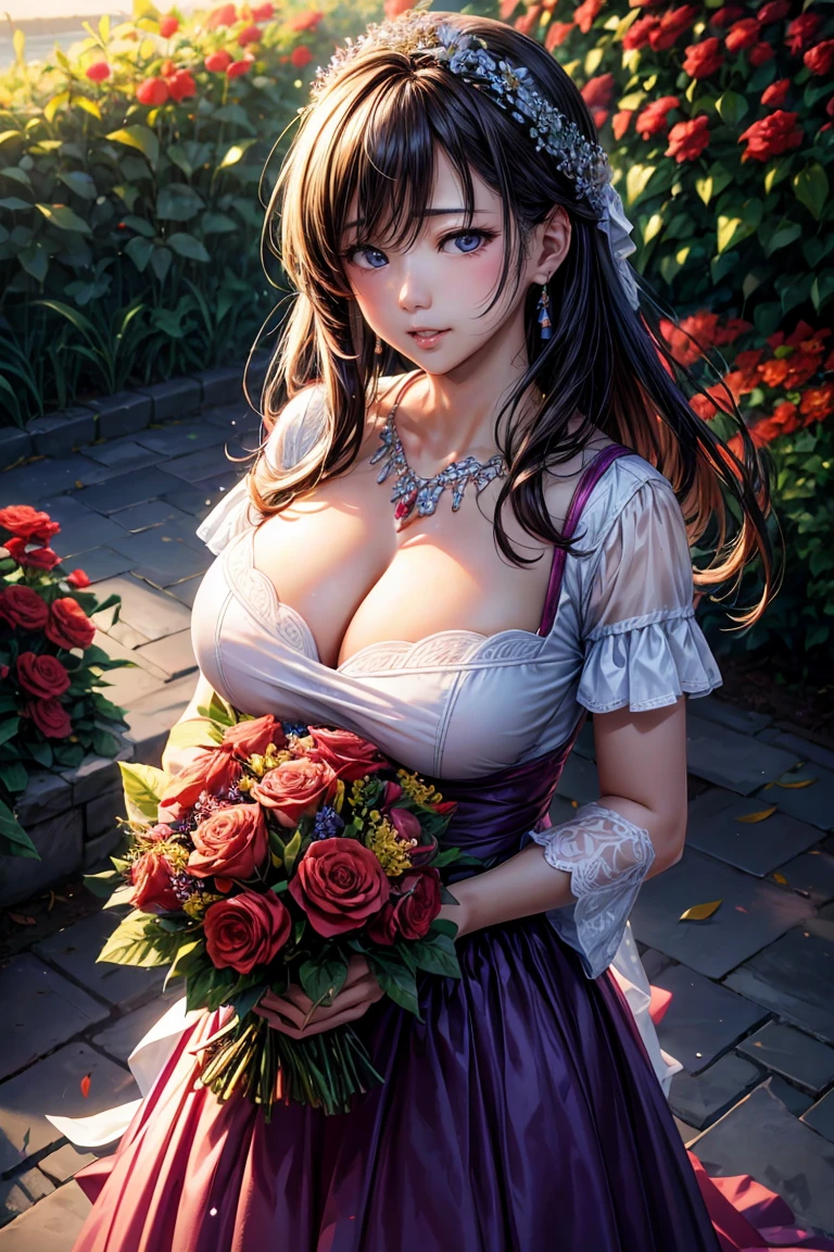 highest quality, (Ultra-high definition 4K), (Ultra High Resolution 8K), Photoreal, Bright colors, high definition beauty face, beautiful hair, (lip gloss), (big and full breasts), pretty girl, standing model, Holding a bouquet of red flowers in both hands, diamond necklace, Lavender violet dress with beaded embroidery, garden, flowers, sunlight, Gentle breeze, (soft lighting, rendered), Moderate: oil, 35mm f/1.8, Photographed with Sony FE GM