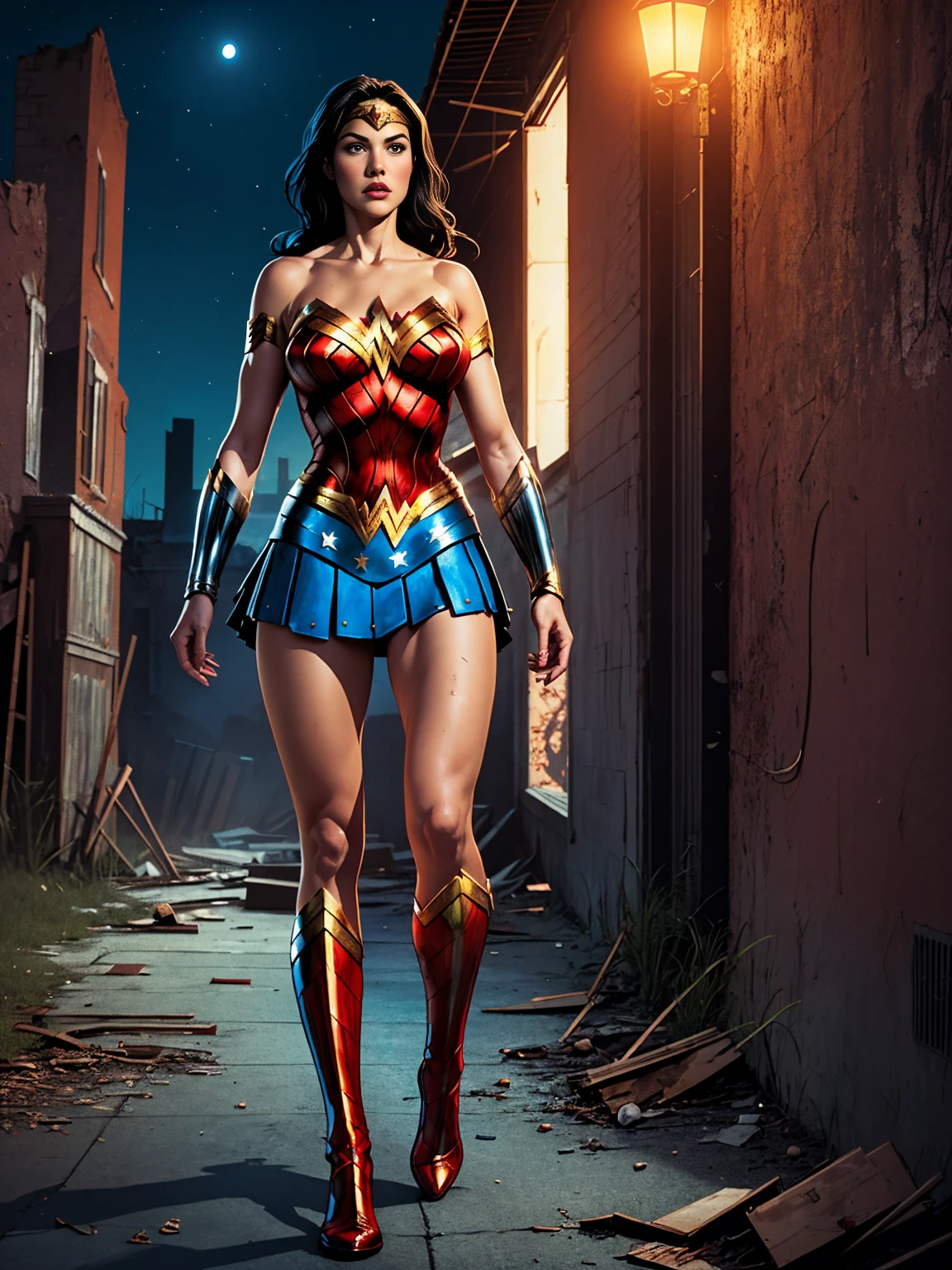 1girl, (wonder woman) , blue skirt, big breast, walking, side view, look to side, (abandoned place, dusty, creepy, dirty wall, night), comic style,