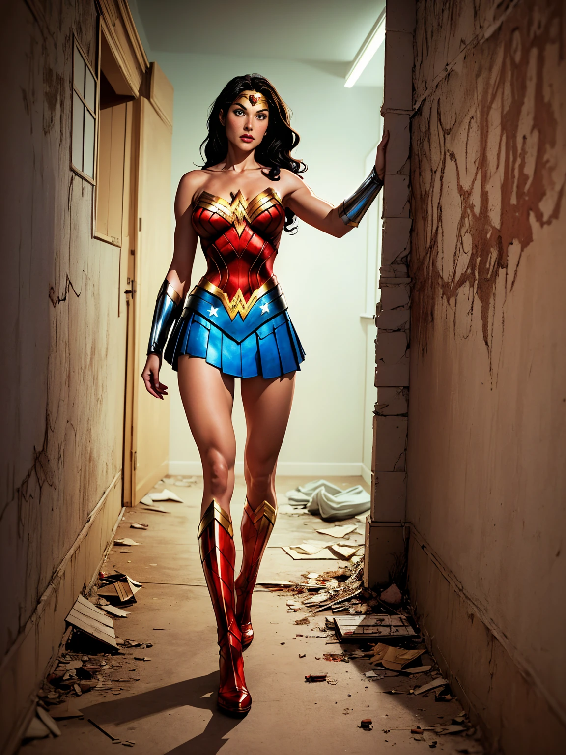 1girl, (wonder woman) , blue skirt, big breast, walking, side view, look to side, (abandoned room, dusty, creepy, dirty wall background, night), comic style, 