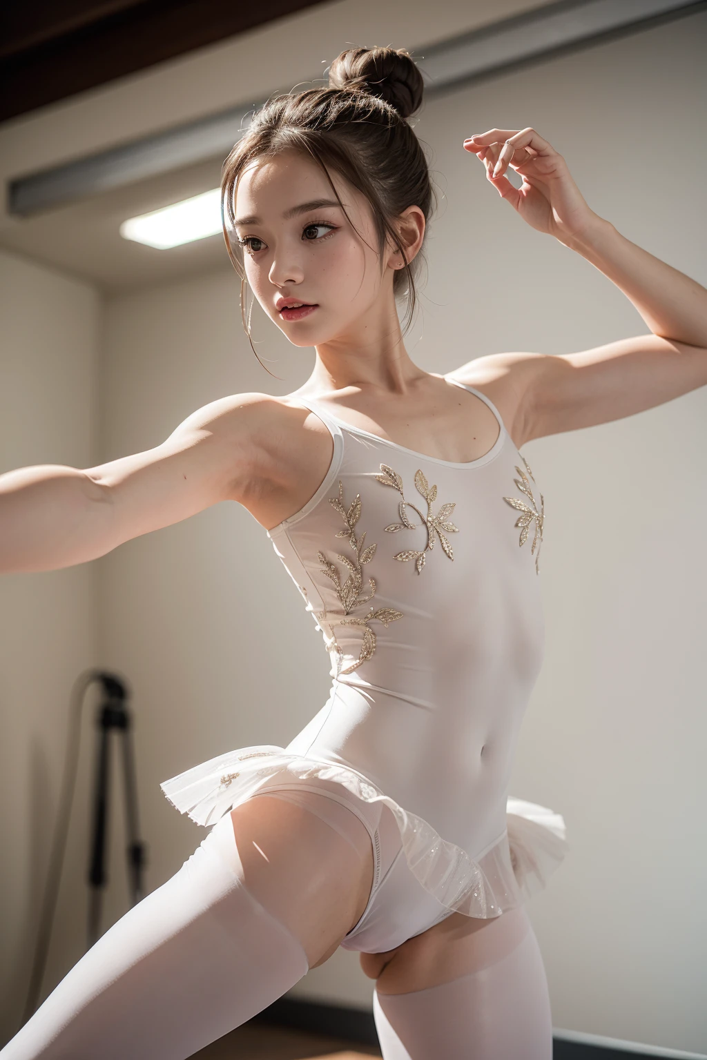 ((Photography of a beautiful  woman)),(hyper detailed:1.5), masterpiece, 8 K, photorealistic, realistic skin, full body,(ballerina:1.5),(mini skirt), full body, (dynamic pose:1.5), (hair bun,top knot:1.5),  (realistic skin), (in studio),ballet bar,(sweaty skin:1.3),don't look camera,back view,muscle,little smile,raise her leg