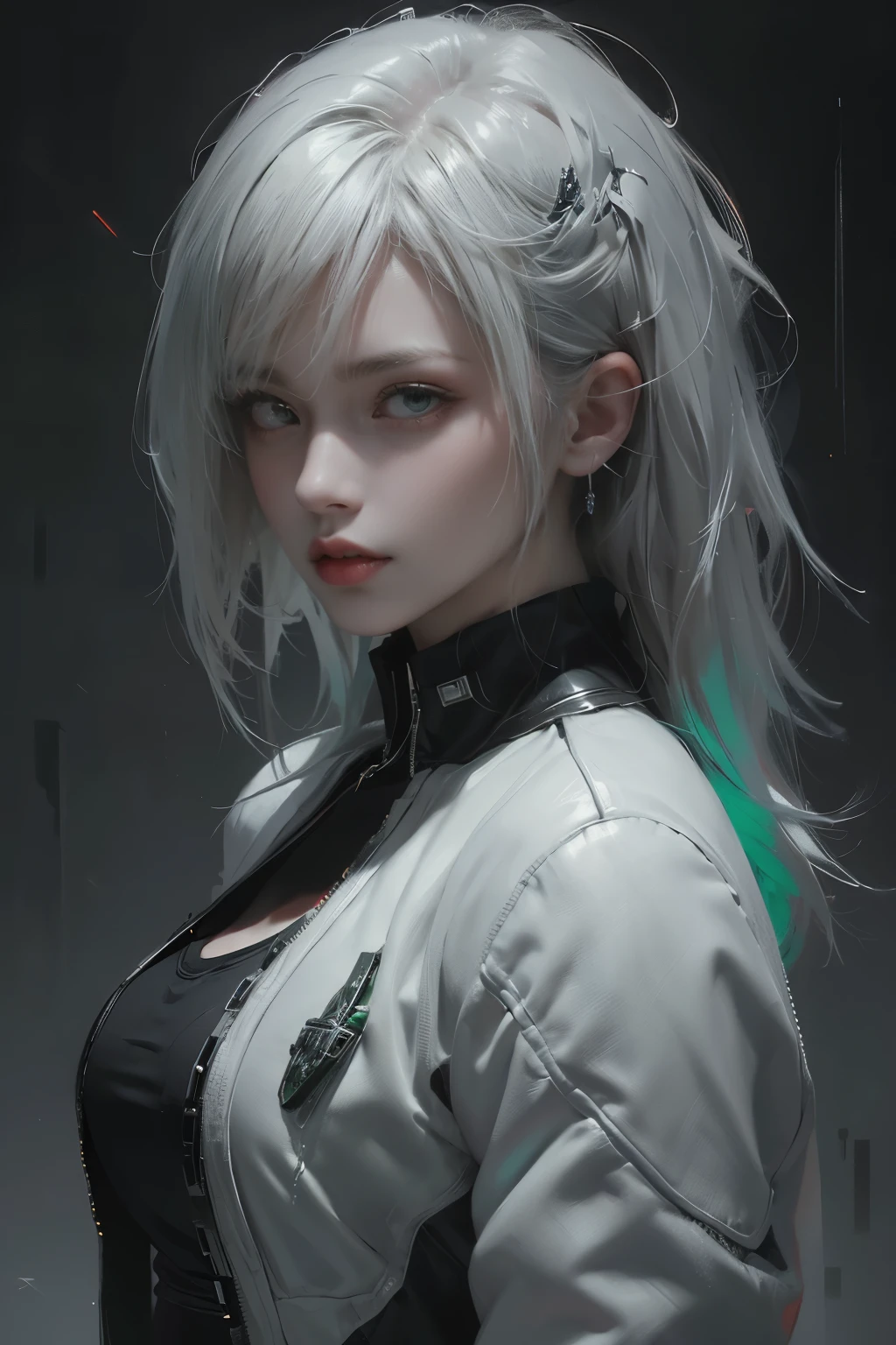 tmasterpiece,Best quality,A high resolution,8K,(Portrait photograph:1.5),(ROriginal photo),real photograph,digital photography,(Combination of cyberpunk and fantasy style),(Female soldier),20 year old girl,random hair style,By bangs,(Red eyeigchest, accessories,Redlip,(He frowned,Sneer),(Cyberpunk combined with fantasy style clothing,Openwork design,joint armor,police uniforms,White jacket,Green),exposing your navel,Photo pose,Realisticstyle,Thunder and lightning on rainy day,(Thunder magic),oc render reflection texture