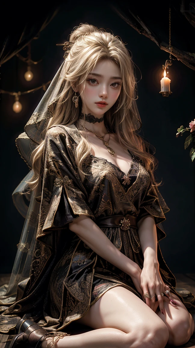 ((masterpiece, best quality, Highest image quality, High resolution, lifelike, original photo, 8K)), tarot cards, tolkien, middle earth, ((桌上摆着tarot cards:1.5)), (Fortune teller with face covered by veil:1.5), 8K, Very detailed, surreal, movie lighting, environmental lighting, Bridget, as a fortune teller, long, messy blonde hair, earring, collar, necklace, jewelry, ring, dark lipstick, dark makeup, a roundabout, Sit in the back! one张桌子, one! Fortune teller celestial body on the table, one! skull on table, Candle, 在one个黑暗的中世纪小房间里,