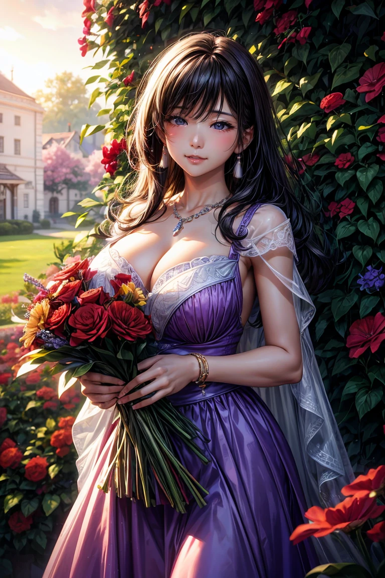 highest quality, (Ultra-high definition 4K), (Ultra High Resolution 8K), Photoreal, Bright colors, beautiful hair, (lip gloss), (big and full breasts), pretty girl, standing model, Holding a bouquet of red flowers in both hands, diamond necklace, Lavender violet dress with beaded embroidery, garden, flowers, sunlight, Gentle breeze, (soft lighting, rendered), Moderate: oil, 35mm f/1.8, Photographed with Sony FE GM