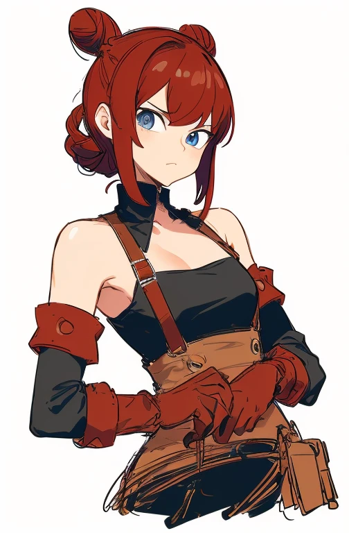 ultra detailed, masterpiece, best quality, solo, cowboy shot, facing viewer,sketch style ,a girl ,black and red hair, extremely beautiful, wearing a black top, wearing gloves, looking mildly interested ,bun hairstyle, blue eyes