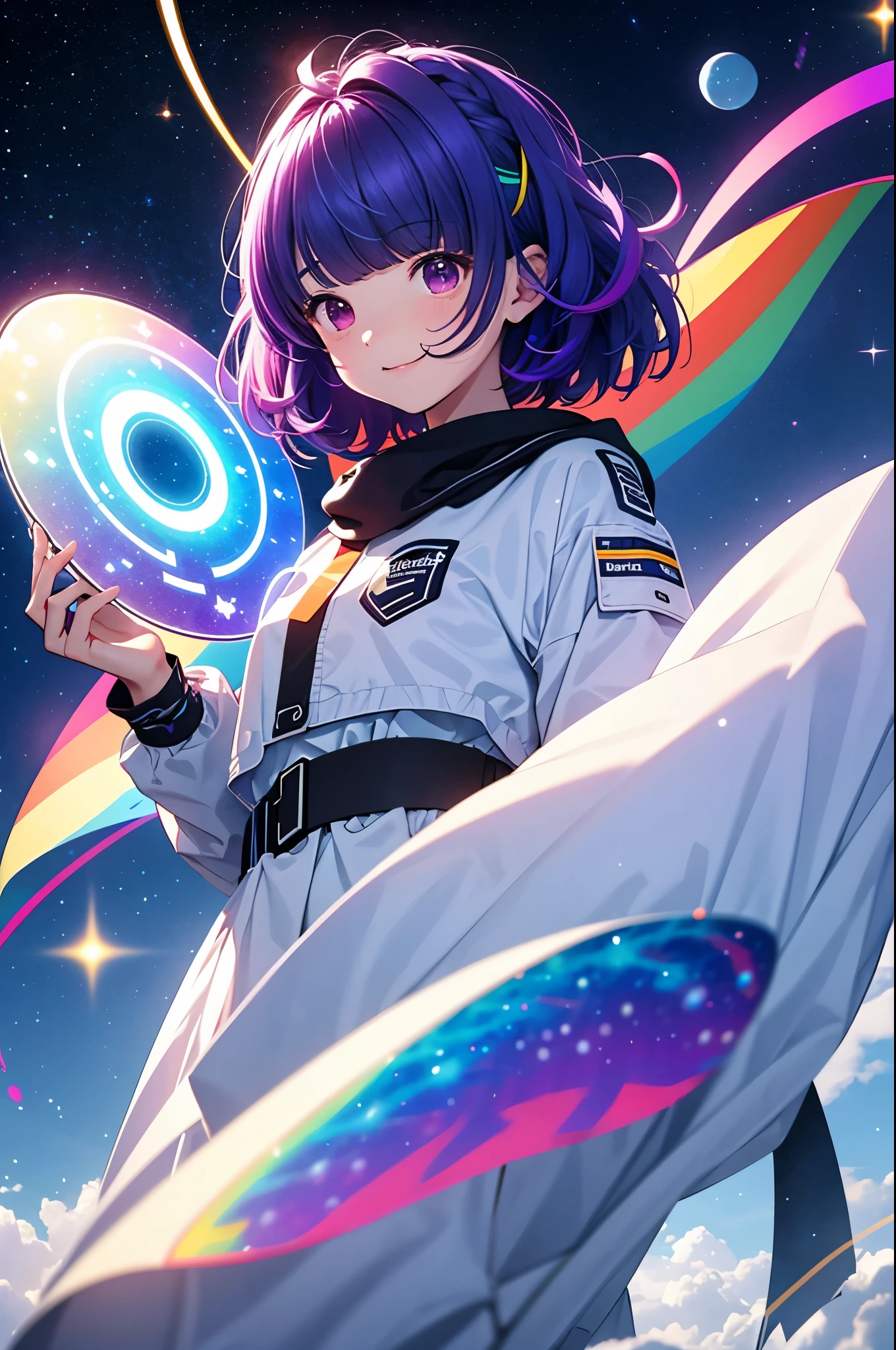 16 years old、girl、laugh fearlessly、Rainbow Hair、White clothes、Big Bang Girl,The edge of the universe can be seen on the lining、dark matter、Space Ring、dark energy、Retro and psychedelic、Create miracles with a single photon、From Blink to Quasar、It's too bright to keep looking、The Super Burst is what draws you in