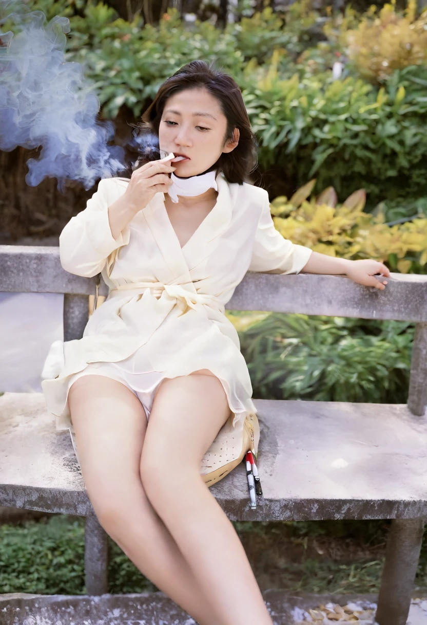 A Japanese woman in her 30s sitting on a bench with her legs spread and smoking a cigarette,OL