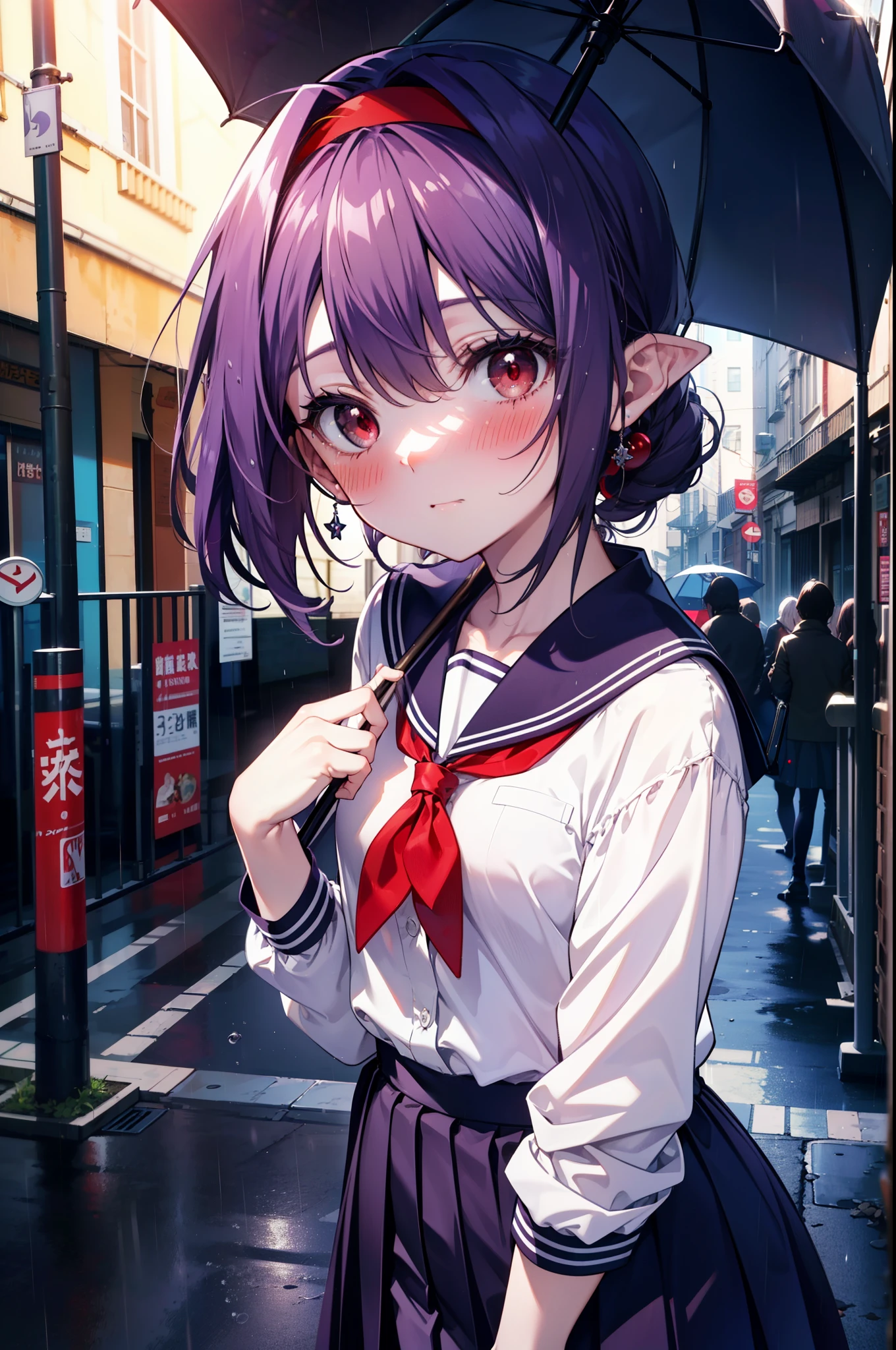 yuukikonno, Yuki Konno, hair band, long hair, pointed ears, purple hair,blush, embarrassing,(red eyes:1.5), (small breasts:1.2),high school girl uniform(purple sailor suit),Purple pleated skirt,white tights,brown loafers,rain,cloudy,umbrella,
break looking at viewer, Upper body, full body,
break outdoors, In town,building street,
break (masterpiece:1.2), highest quality, High resolution, unity 8k wallpaper, (figure:0.8), (detailed and beautiful eyes:1.6), highly detailed face, perfect lighting, Very detailed CG, (perfect hands, perfect anatomy),