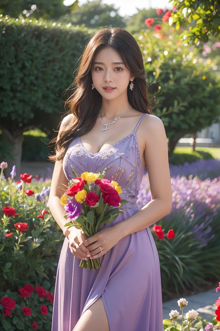 highest quality, (Ultra-high definition 4K), (Ultra High Resolution 8K), Photoreal, Bright colors, high definition beauty face, beautiful hair, (lip gloss), (big and full breasts), pretty girl, standing model, Holding a bouquet of red flowers in both hands, diamond necklace, Lavender violet dress with beaded embroidery, garden, flowers, sunlight, Gentle breeze, (soft lighting, rendered), Moderate: oil, 35mm f/1.8, Photographed with Sony FE GM