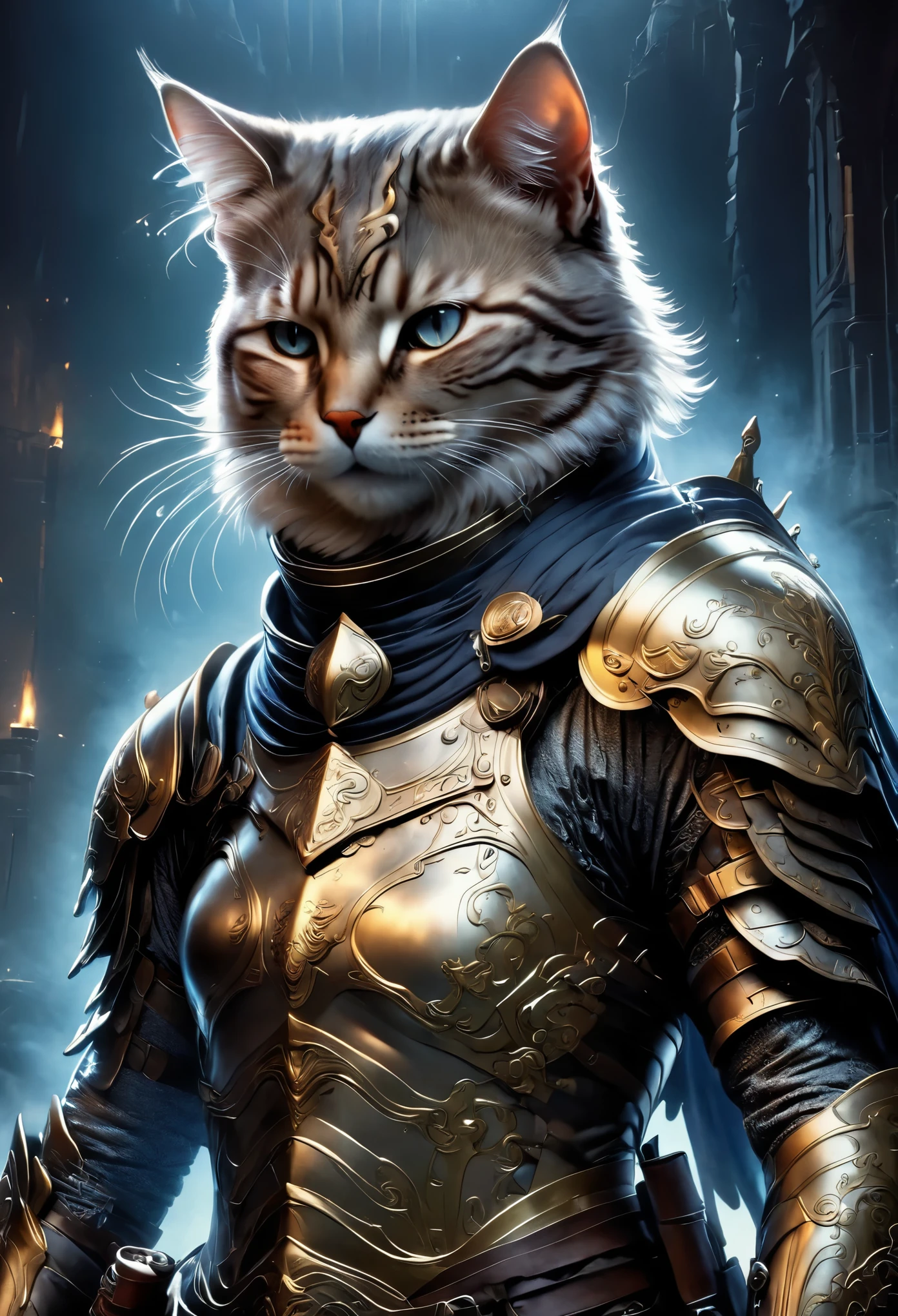 anthropomorphic cat，Cat knight in armor，have a weapon，wear a helmet
