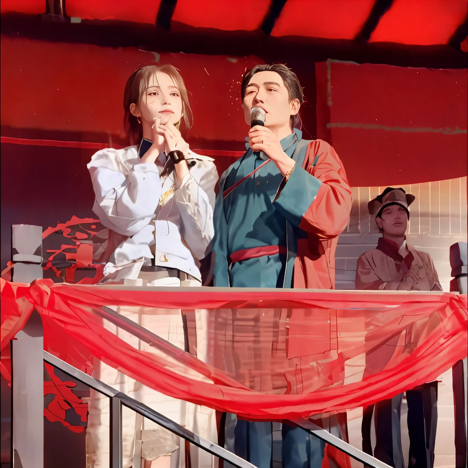 they are standing on a stage with a microphone and a red curtain, ruan jia and fenghua zhong, youtube video screenshot, Chiba Yudai, screenshot from a movie, lady, scene from live action movie, traditional chinese, Hungry Ghost Festival, jia, trending ,, bian lian, yan, opening scene