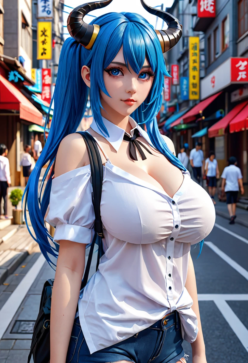 Anime girl with blue hair and horns on the street, 3D real anime, 2. 5d cgi anime fantasy artwork, anime style 3d, anime style. 8K, 4k anime style, 3D style realistic anime, DeviantArt Artstation CGScosiety, digital anime art, gweitz style art art, detailed digital anime art, white shirt, dragon wings、super huge breasts、Super big breasts、very big 、saggy breasts