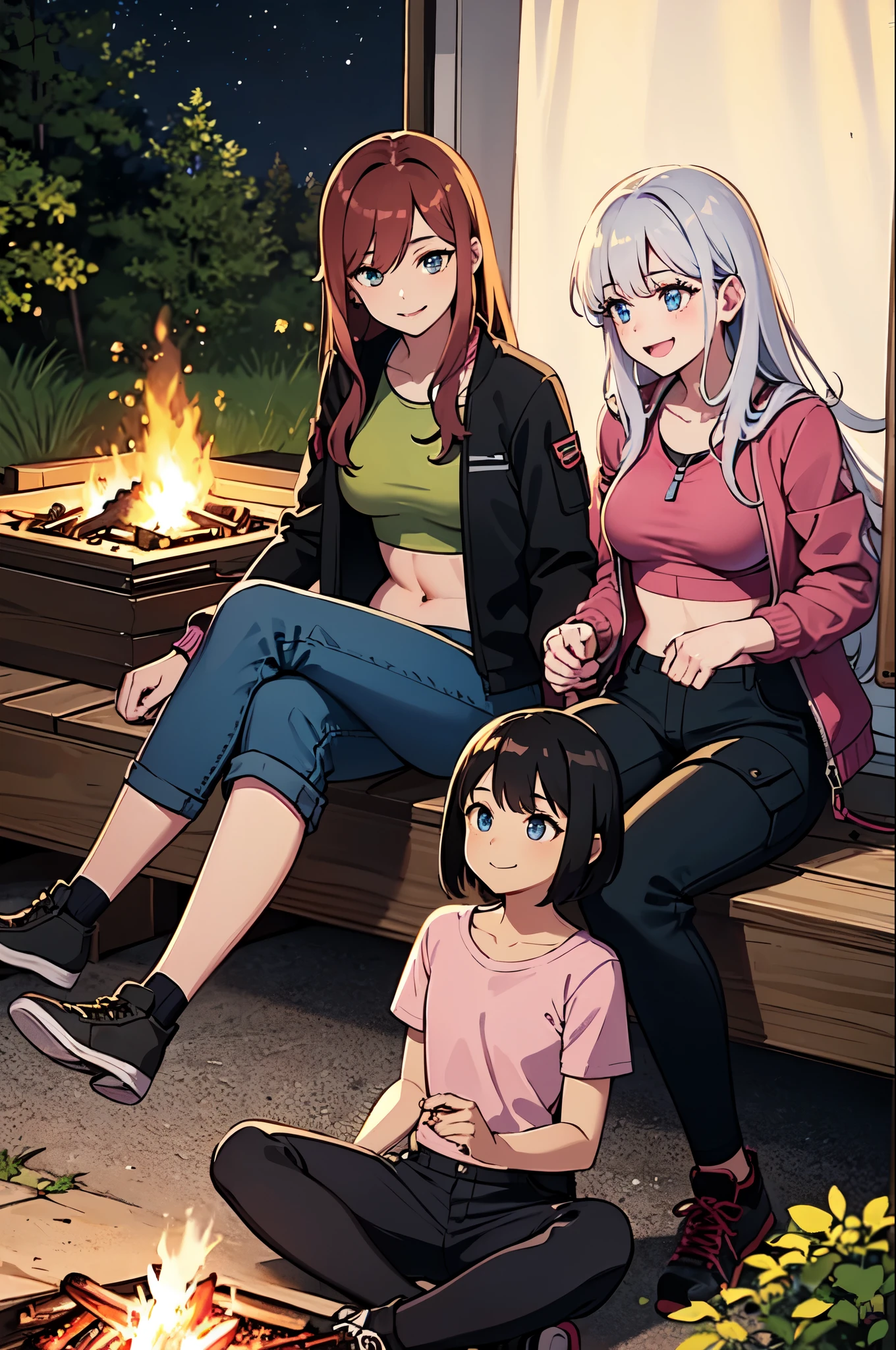 2 women,  long hair,  soft blue eyes,  long eyelashes,  perfect breasts, Open jackets, pink crop-tops, cargo pants , sitting, hiking shoes, sitting, petting dog, camping, cabin tent, night, stars, barbecue, smiling, nature, forest, campfire, wood, food,
