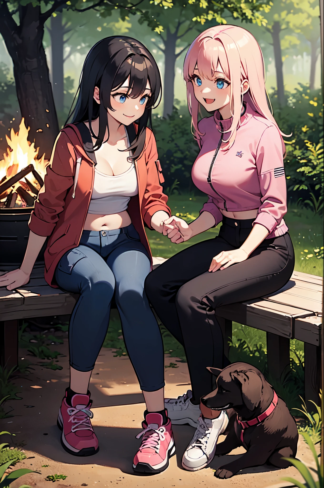 2 women, long hair, soft blue eyes, long eyelashes, perfect breasts, Open jackets, pink crop-tops, cargo pants , sitting, hiking shoes, sitting, petting dog, camping, cabin tent, night, stars, barbecue, smiling, nature, forest, campfire, wood, food,